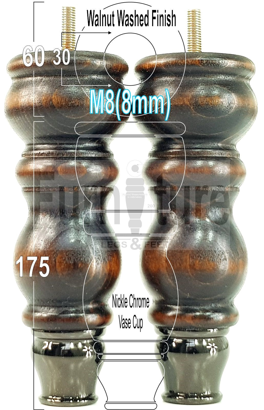 4x Furniture Feet With Slipper Cup 175mm High Legs Dark Walnut Finish Wood M8 Sofas Chairs Cabinets