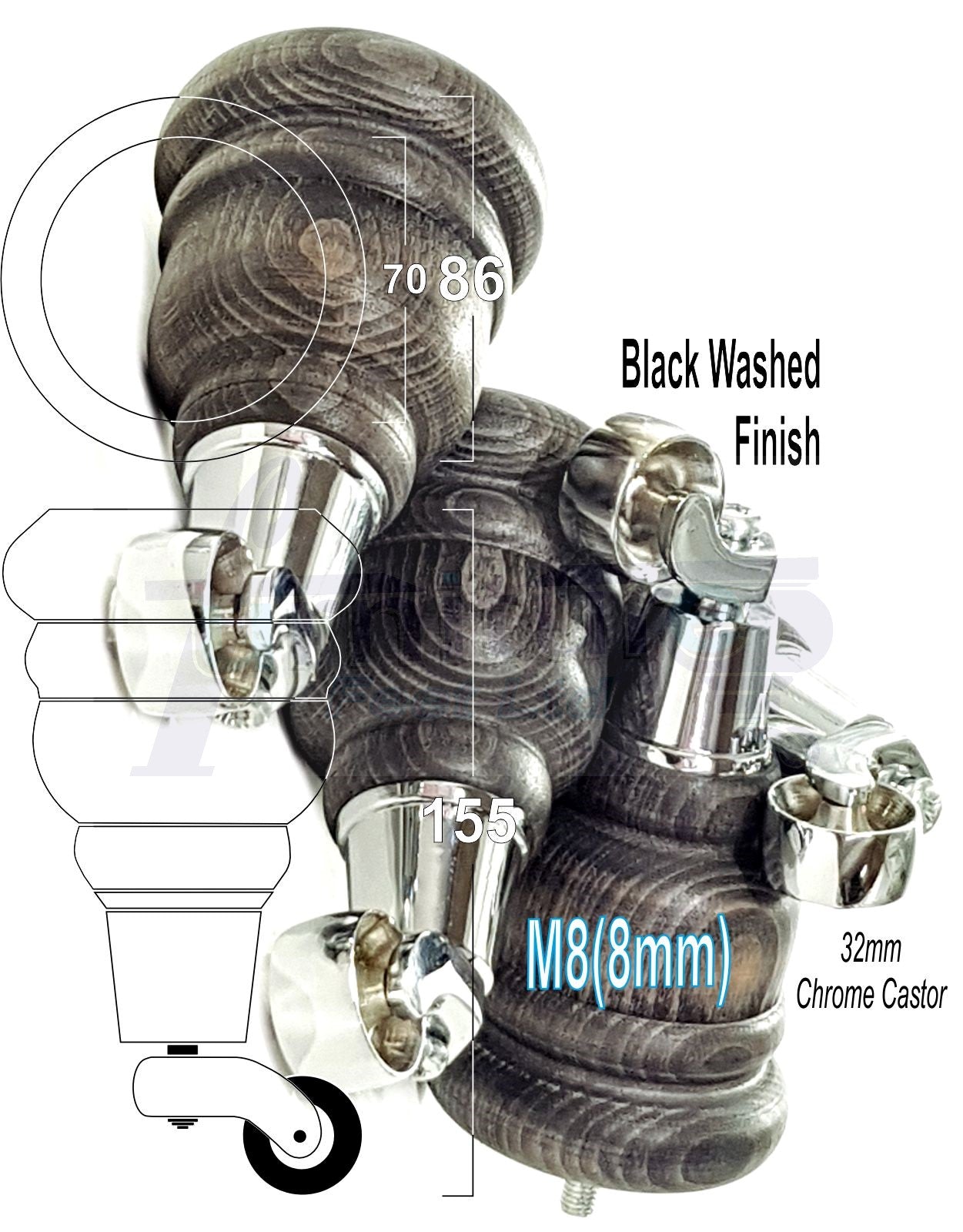 4 Turned Wood Furniture Feet With Chrome Castors 155mm Legs Sofas Chairs Stools Cabinets Beds M8 6 Inches