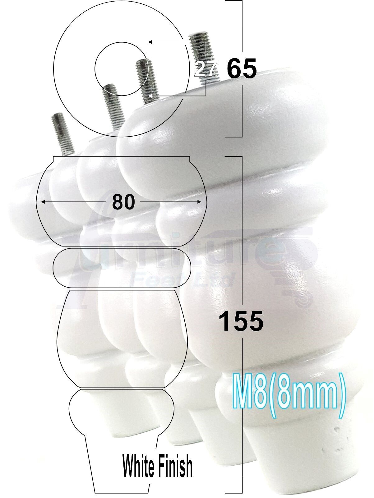 4 Solid Turned Wood Furniture Sofa Leg M8 Chair Settee Footstool Feet 155mm High