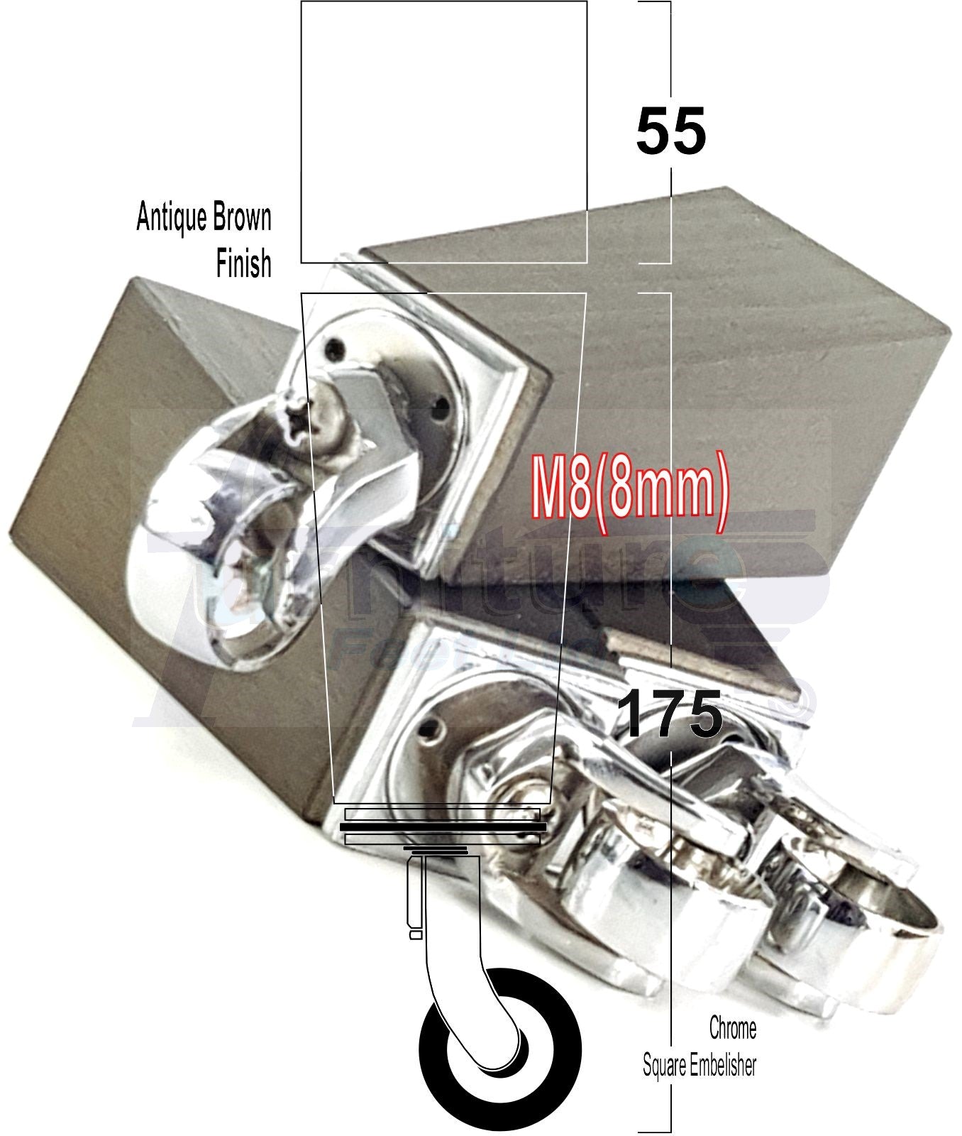 4x Solid Wood Furniture Legs Chair Sofa Bed Replacement Feet 175mm High With Chrome Castors 8mm Thread
