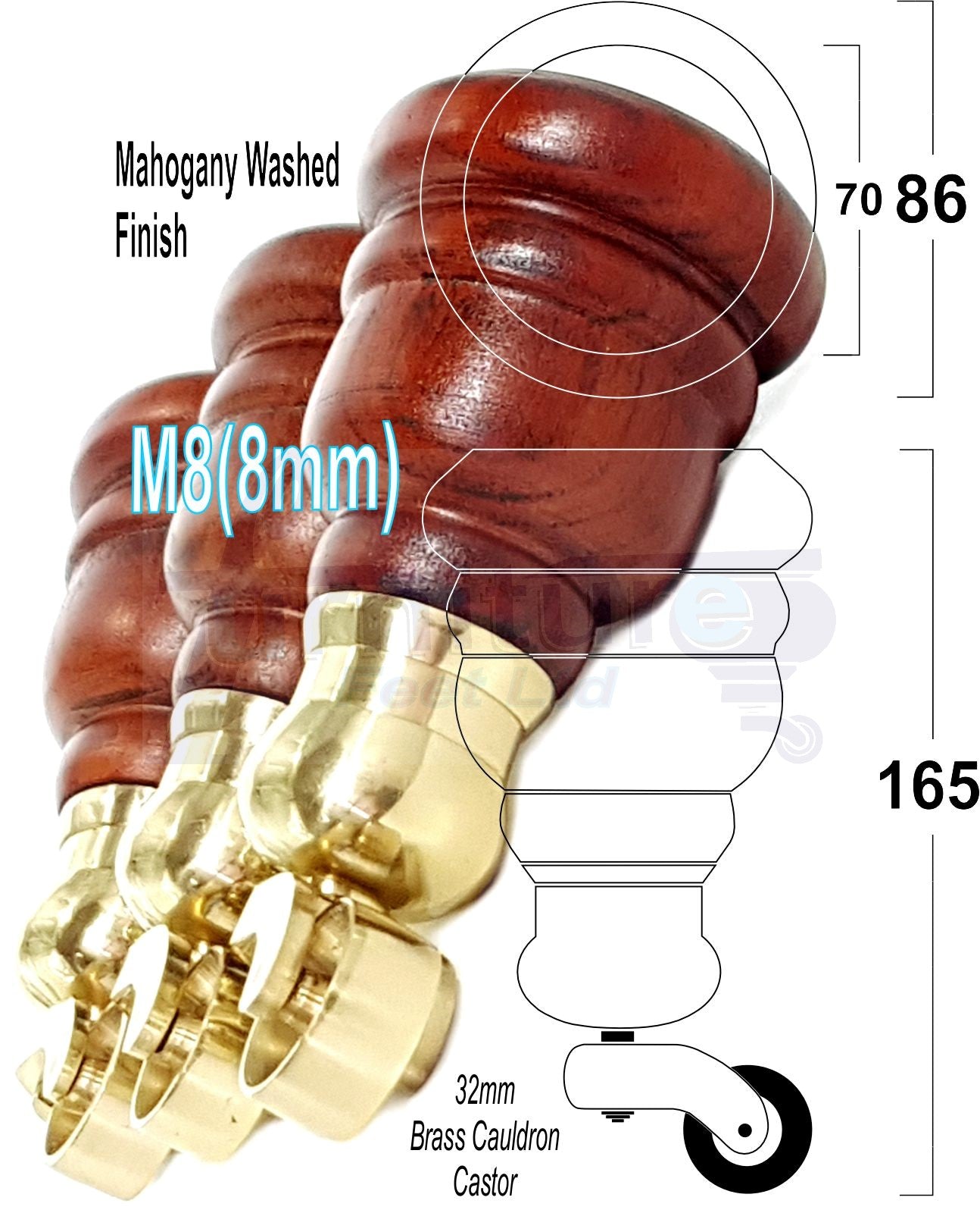 4 Turned Wood Furniture Feet With Brass Cauldron Castors 160mm Legs Sofas Chairs Stools Cabinets Beds M8 6 Inches