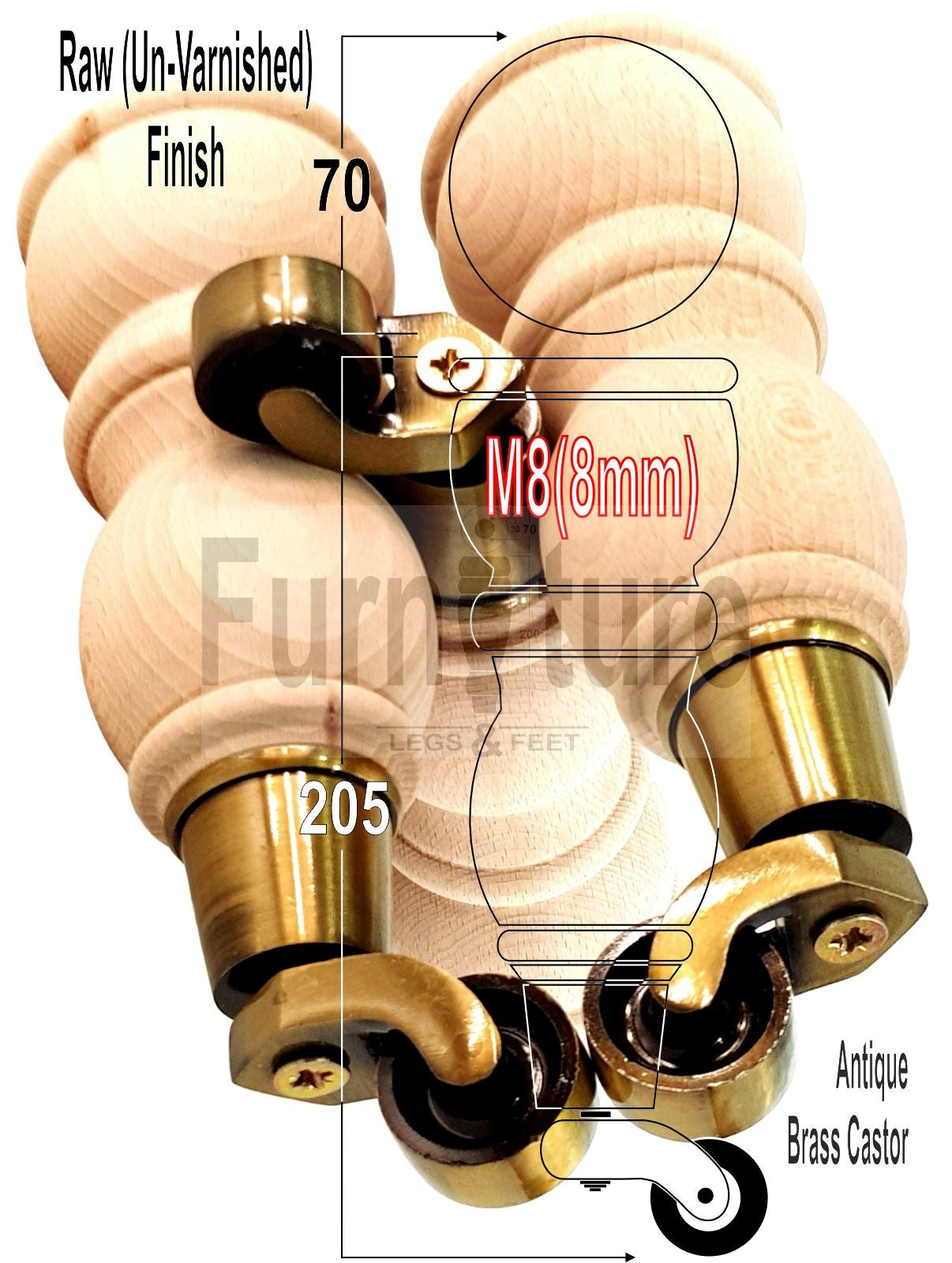 4 Turned Wood Furniture Feet With Castor 205mm High Legs Raw Wood M8 Sofas Chairs Stools Cabinets 8 Inches Tall 