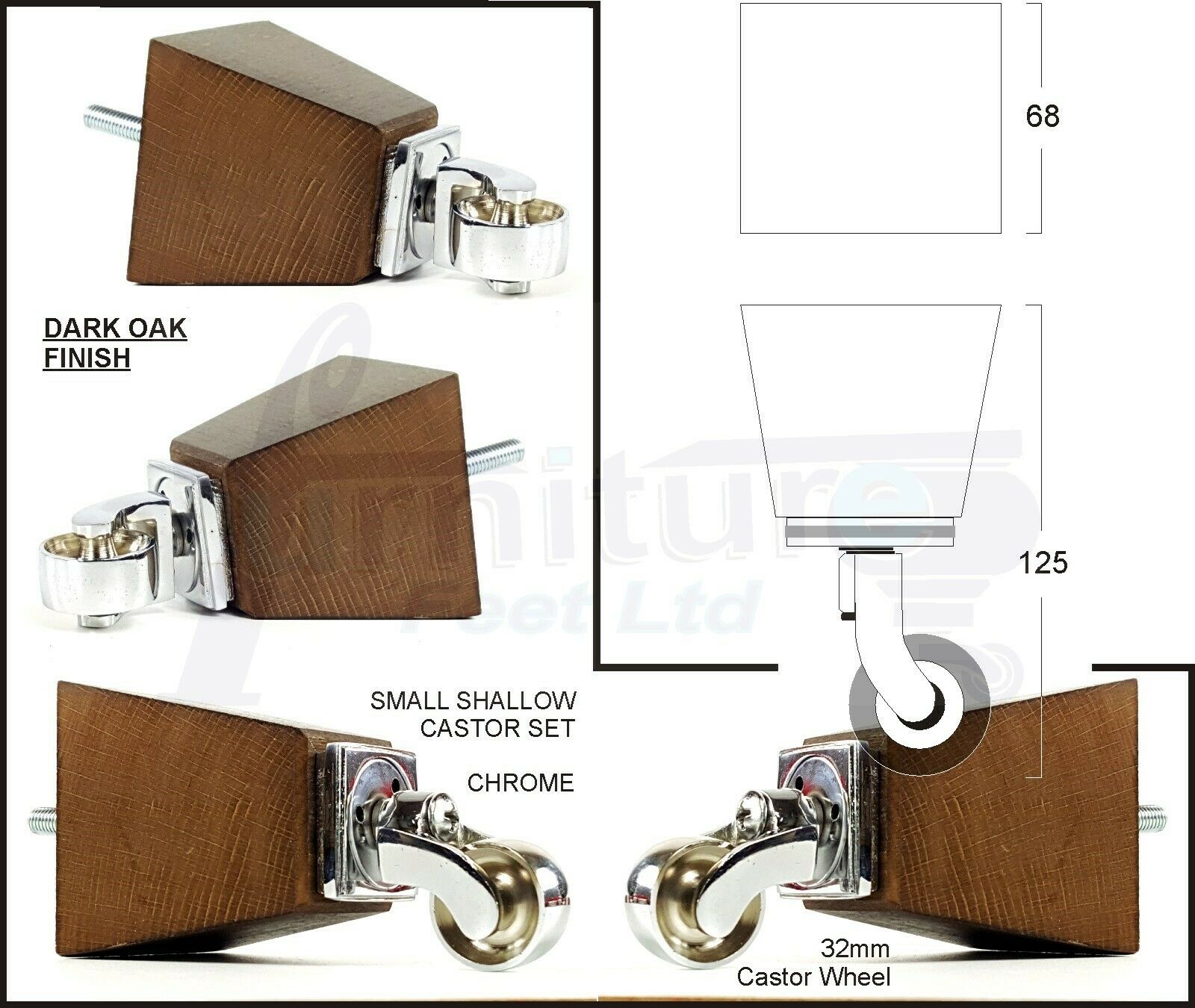 Set Of 4 Wooden Turned Replacement Furniture Legs 125mm High With Chrome Castor Wheels 8mm Thread