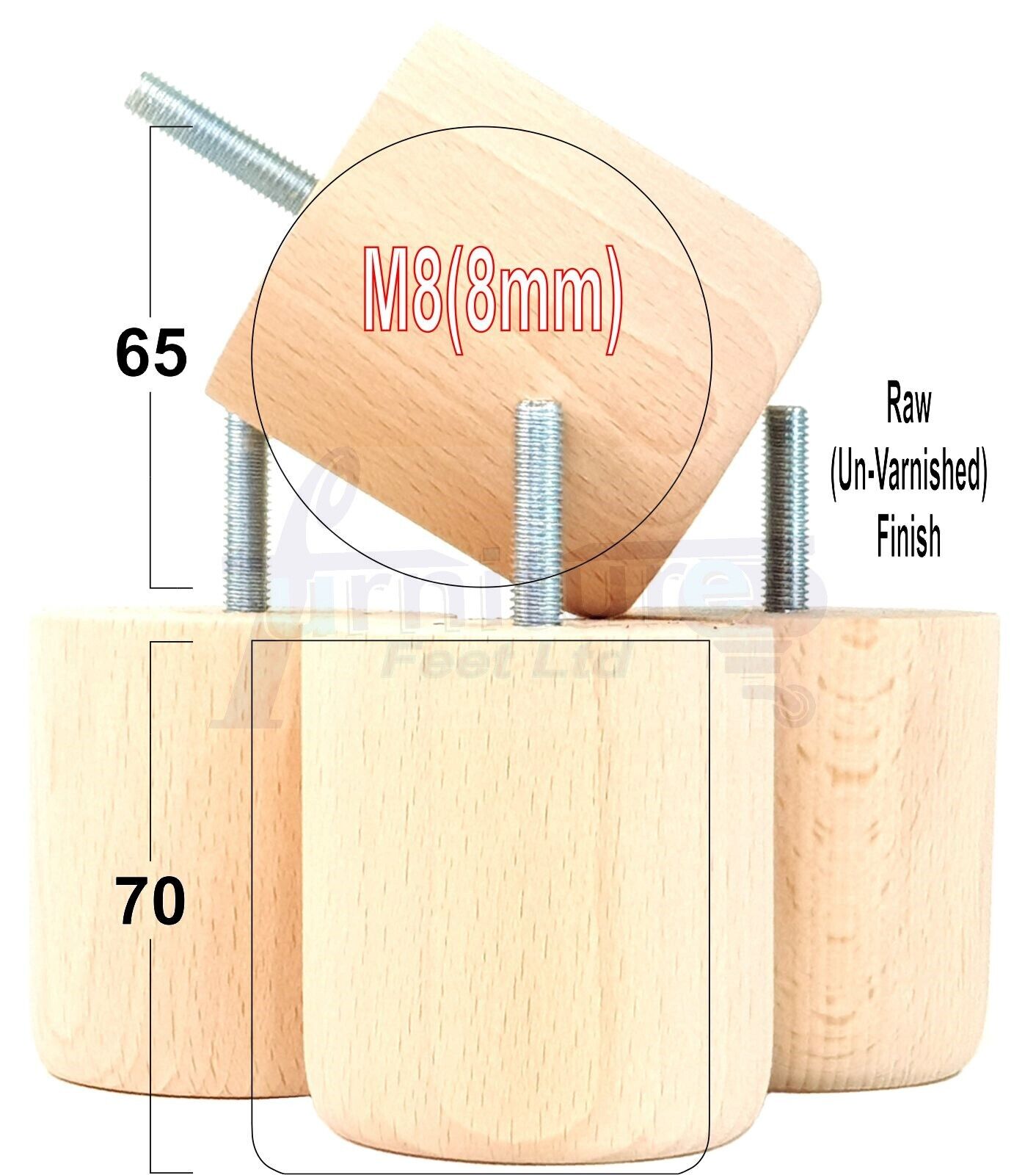4x Solid Wood Turned Furniture Legs Replacement Bun Feet 70mm High 8mm Thread