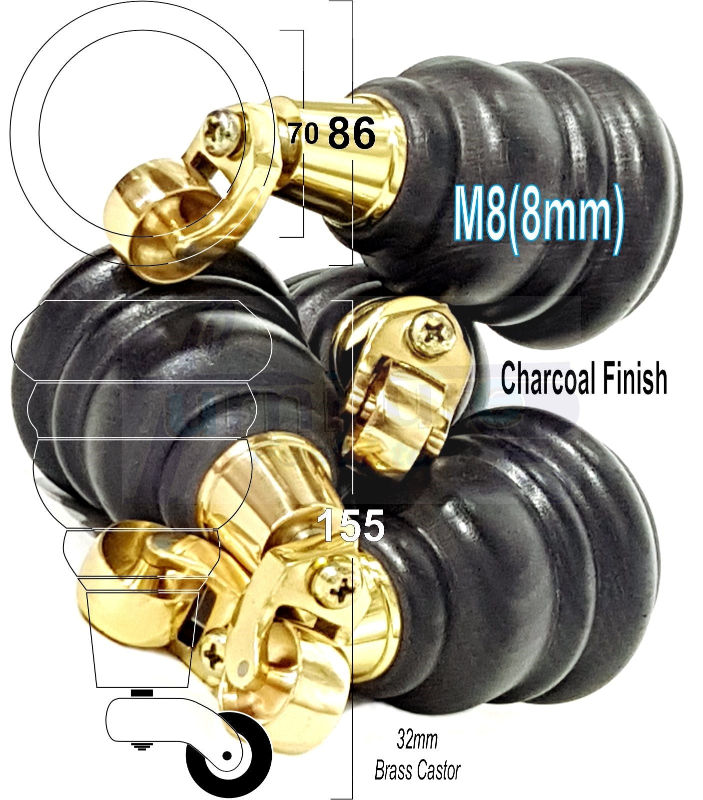 4 Turned Wood Furniture Feet With Brass Castors 155mm Legs Sofas Chairs Stools Cabinets Beds M8 6 Inches