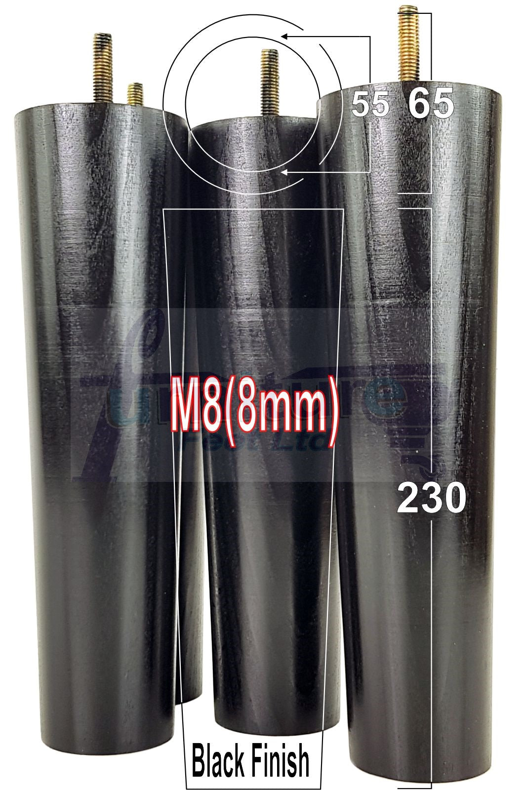4 Furniture Legs Replacement Feet 230mm Chairs Settee & Cabinets M8 Thread Black