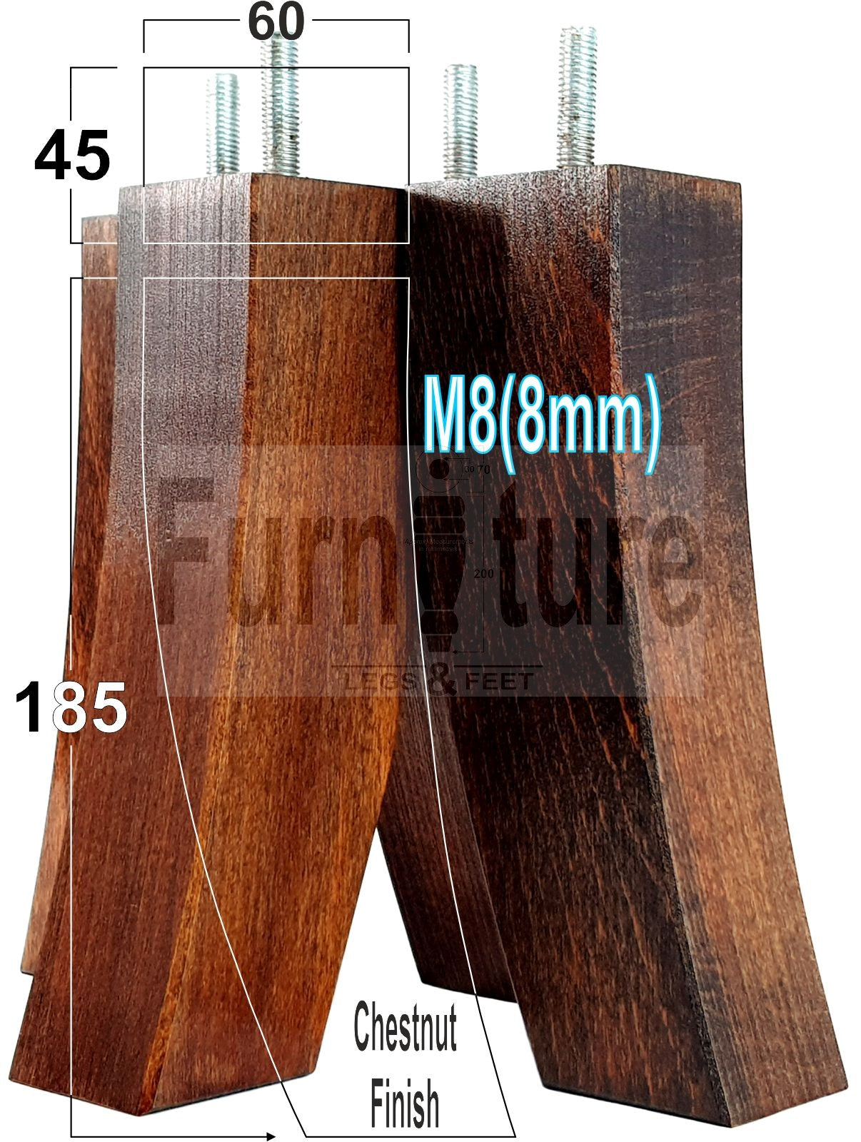 Set Of 4 Solid Wood Curved Furniture Feet Replacement Legs 185mm High M8(8mm)