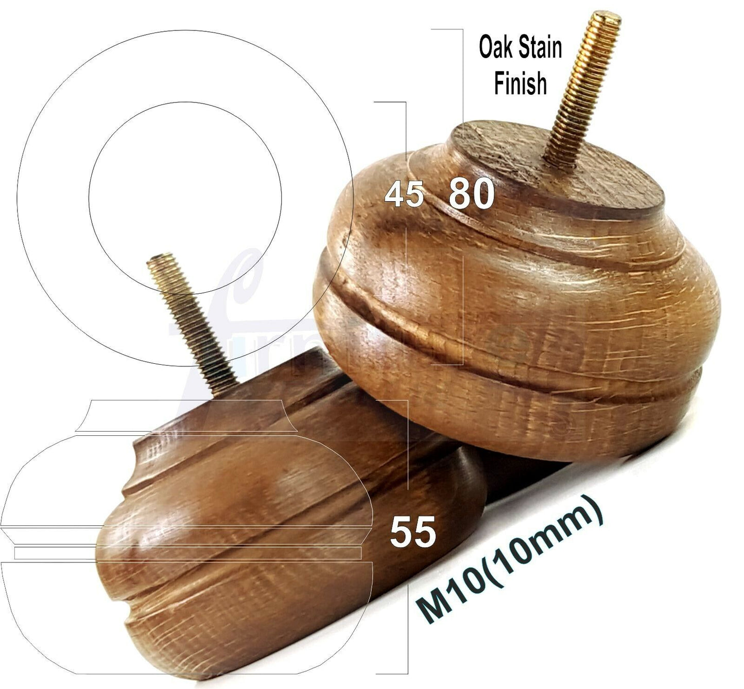 4 Wood Turned Replacement Furniture Legs Sofa, Chair, Settee Feet 55mm High M10 Thread