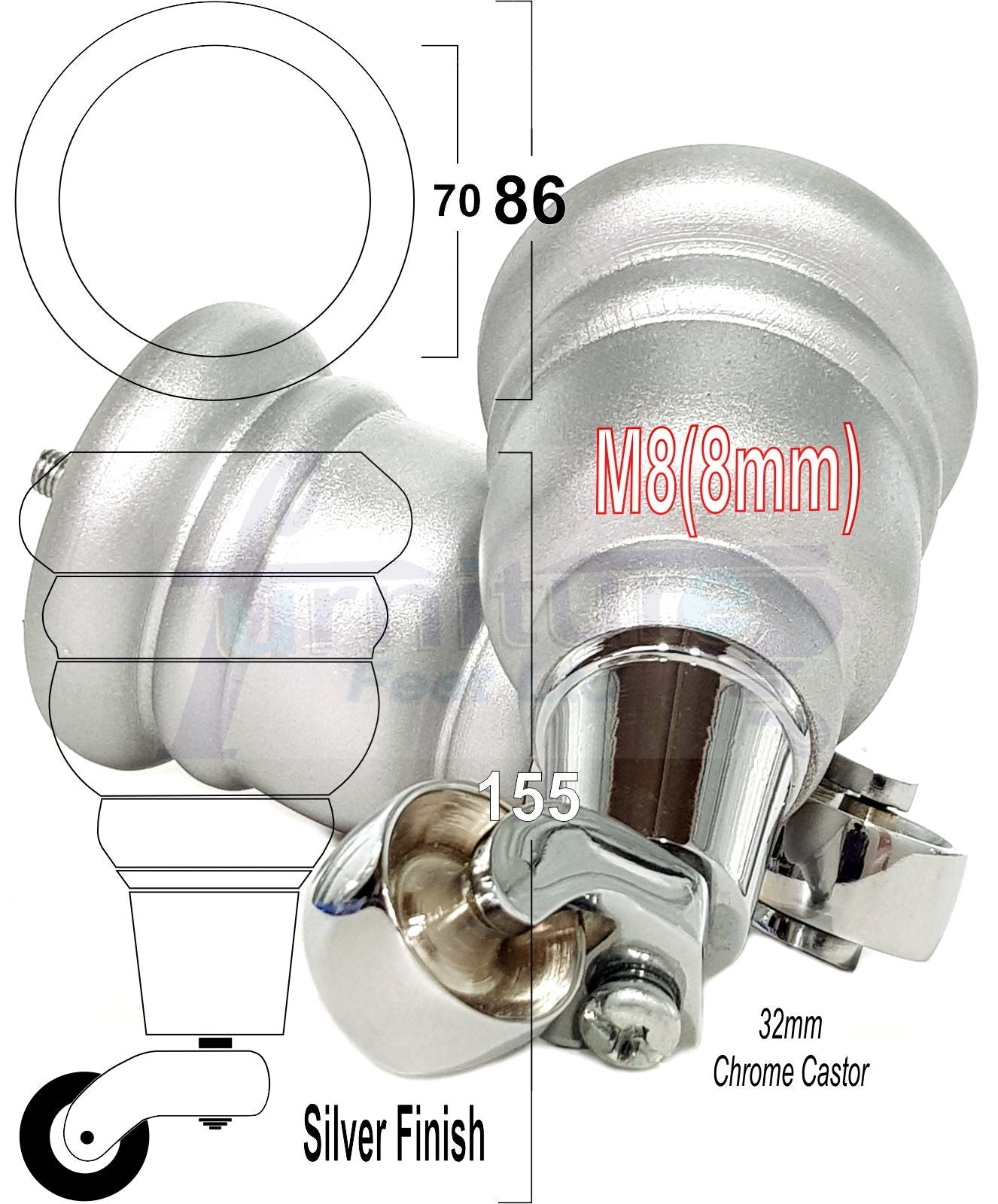 4 Turned Wood Furniture Feet With Chrome Castors 155mm Legs Sofas Chairs Stools Cabinets Beds M8 6 Inches