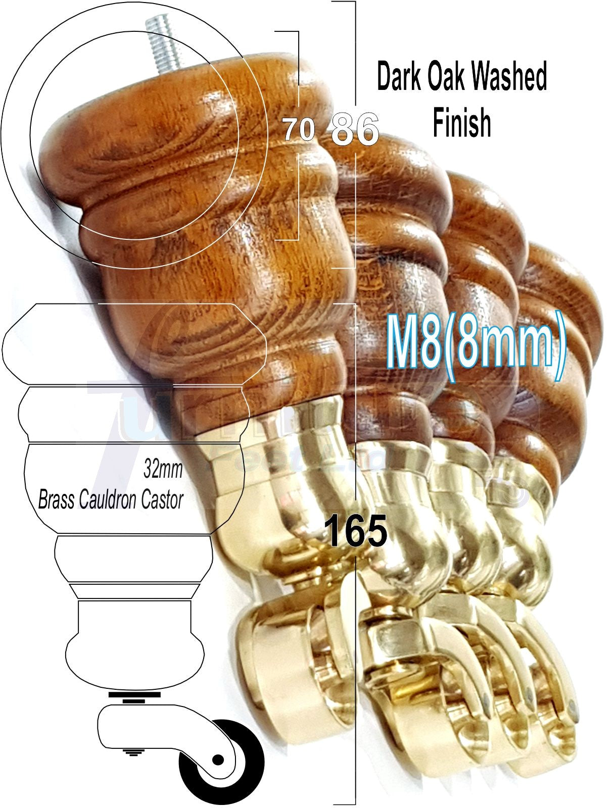 4 Turned Wood Furniture Feet With Brass Cauldron Castors 160mm Legs Sofas Chairs Stools Cabinets Beds M8 6 Inches