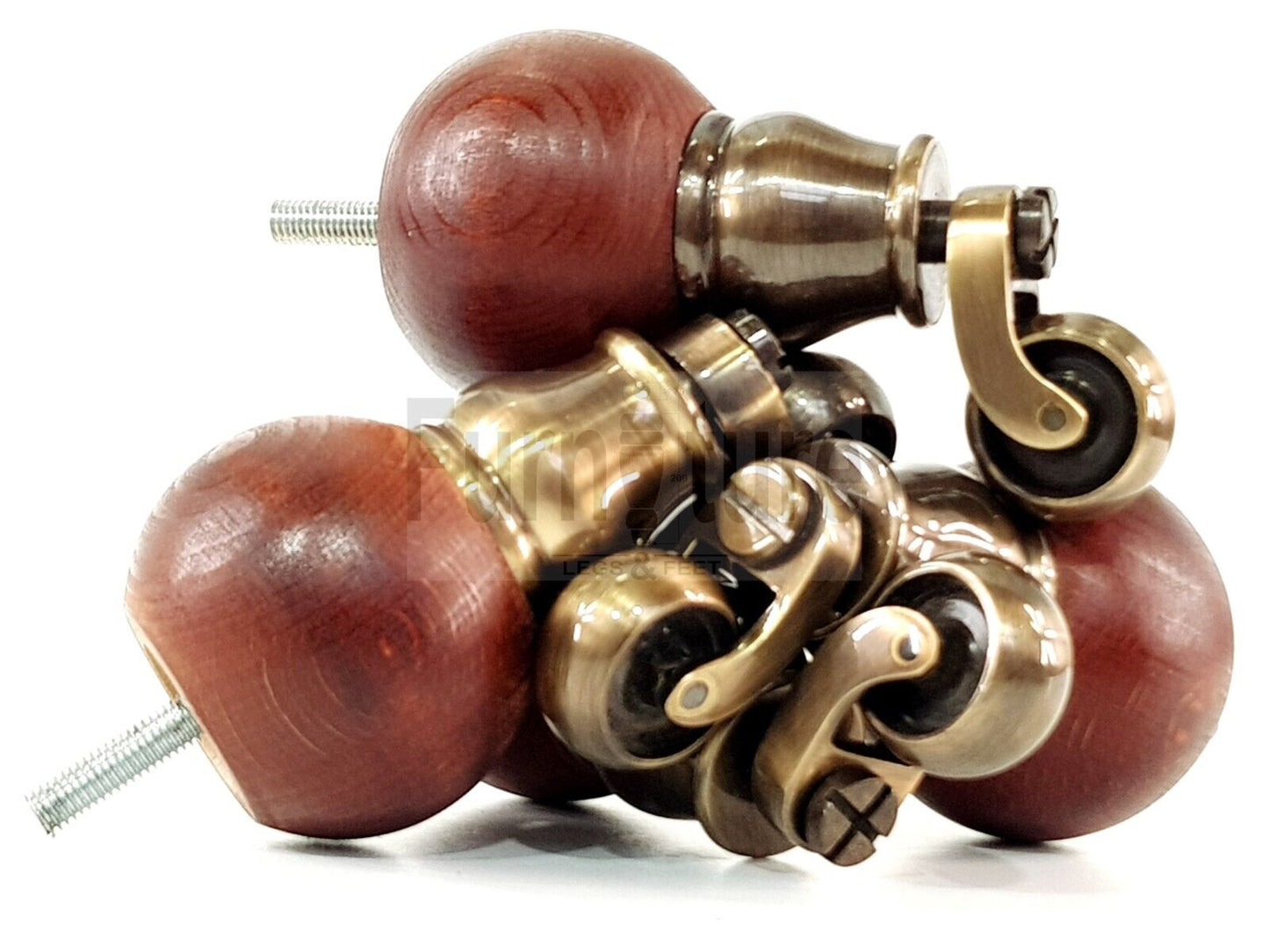 4x Turned Wood with Antique Castors Furniture Chair Settee Legs M8 Sofa Feet 118mm