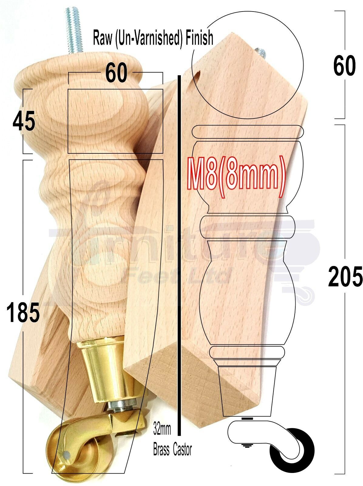 2x Wood Furniture Castor Settee Feet & 2x Curved Legs 8mm Thread 205mm High Raw (Un-Varnished) For Sofas Chairs Stools Cabinets & Beds