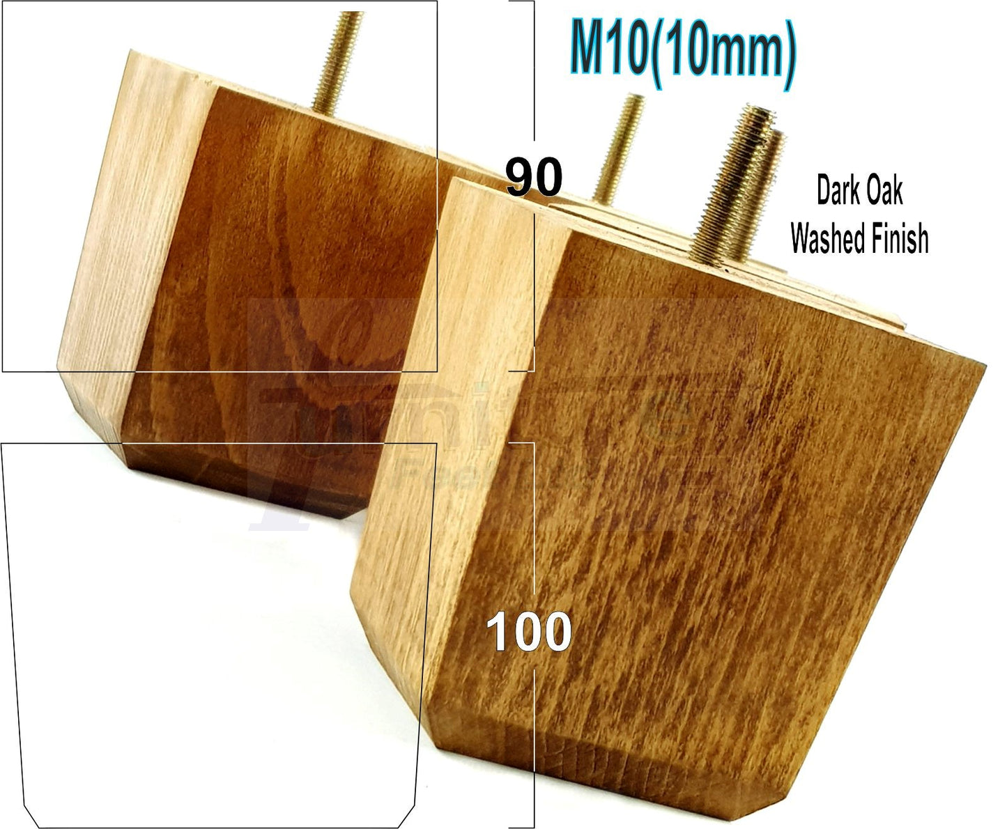 4x Solid Wood Square Furniture Legs Block Replacement Feet 100mm M10 Thread