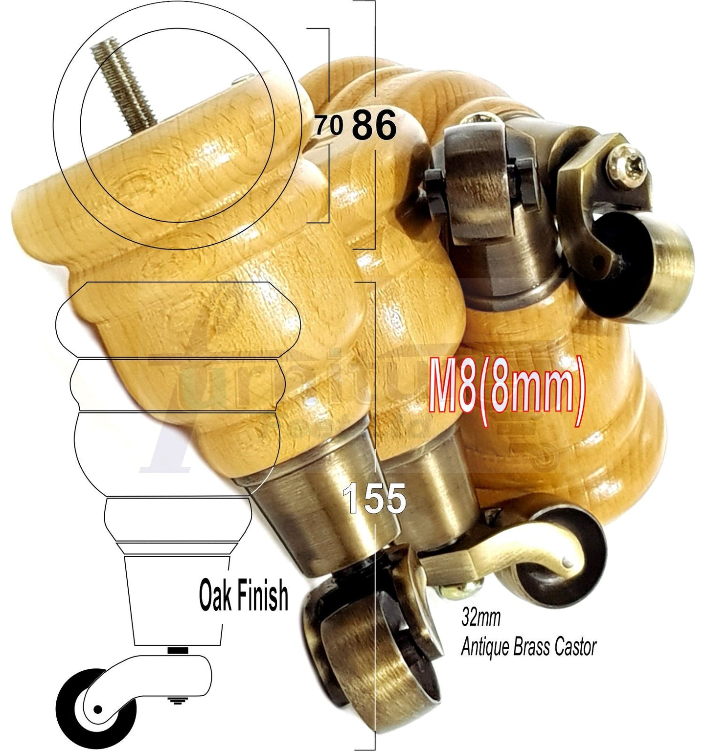 4 Turned Wood Furniture Feet With Antique Brass Castors 155mm Legs Sofas Chairs Stools Cabinets Beds M8 6 Inches