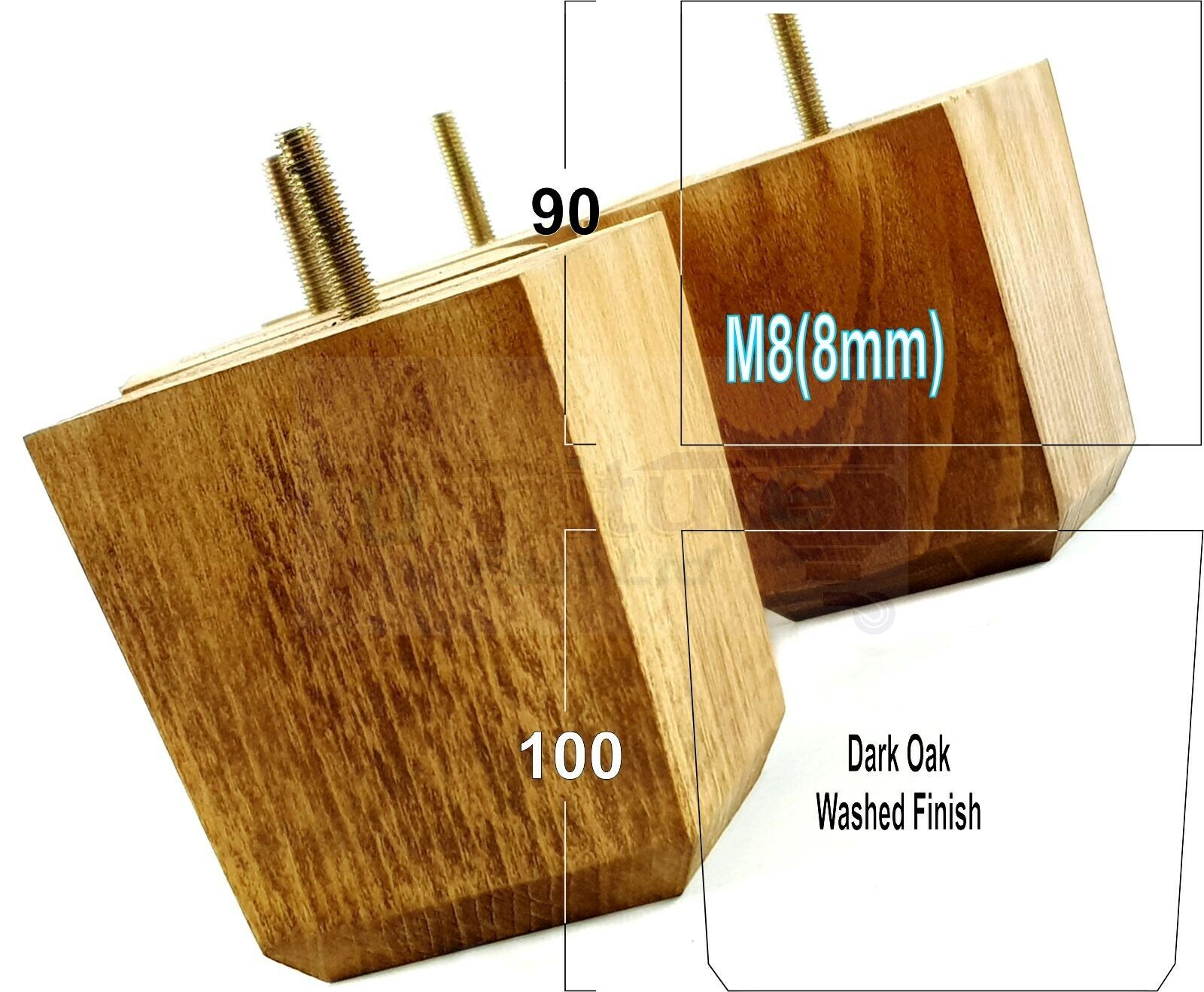 4x Solid Wood Square Furniture Legs Block Replacement Feet 100mm M8(8mm)