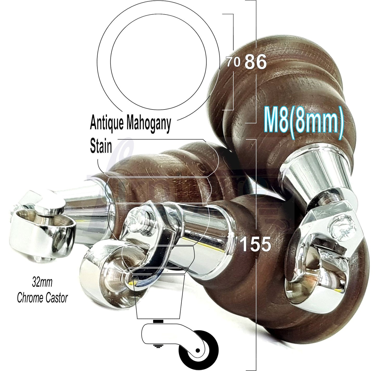 4 Turned Wood Furniture Feet With Chrome Castors 155mm Legs Sofas Chairs Stools Cabinets Beds M8 6 Inches