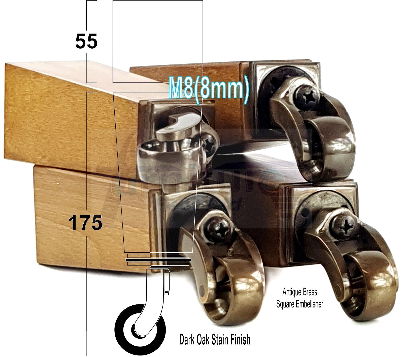 4x Solid Wood Furniture Legs Chair Sofa Bed Replacement Feet 175mm High With Antique Castors 8mm Thread