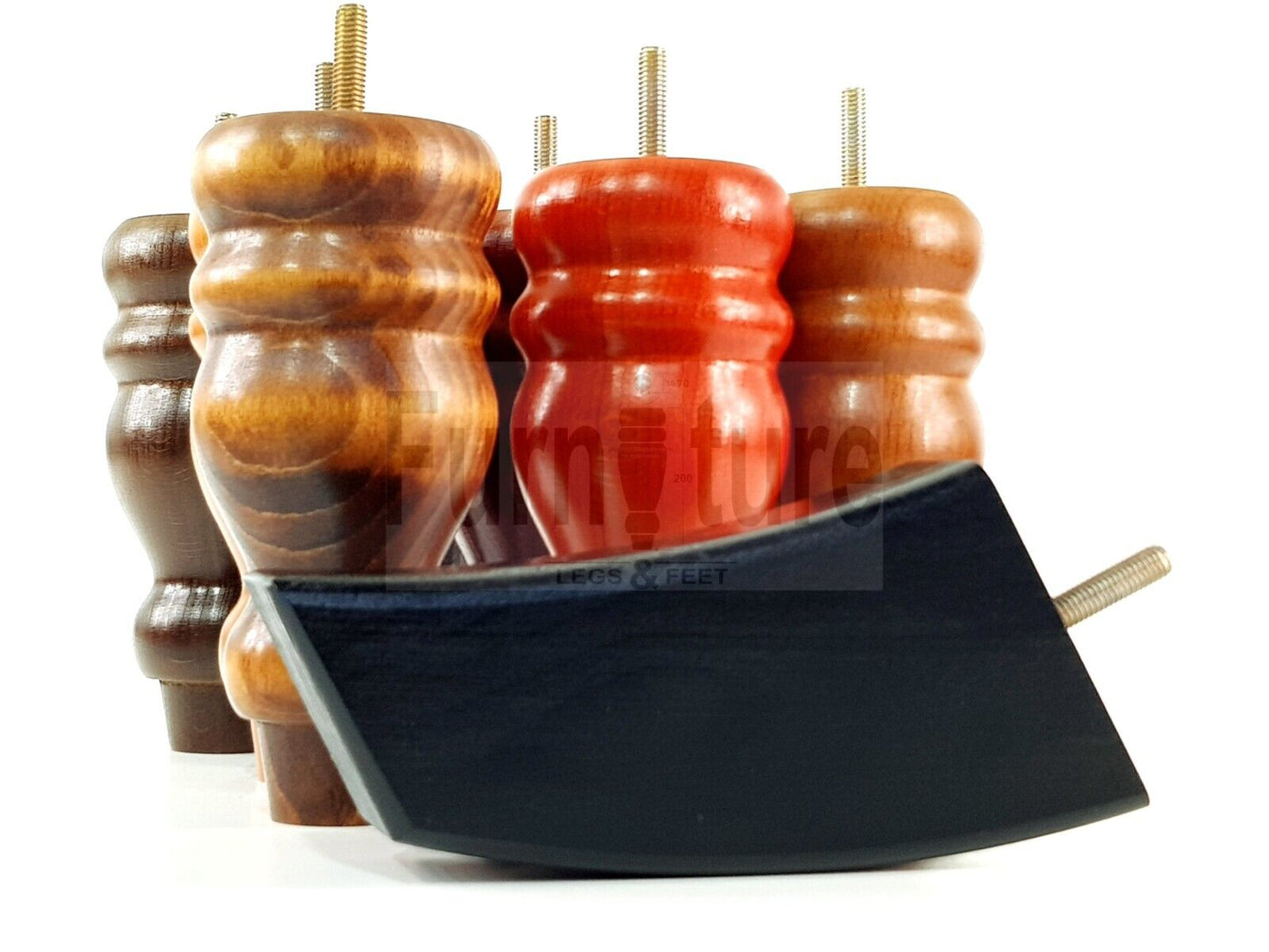 2x Turned Wood Furniture Feet 155mm and 2 Curved Back Legs Sofas Chairs Beds M8 Thread 6 Inches