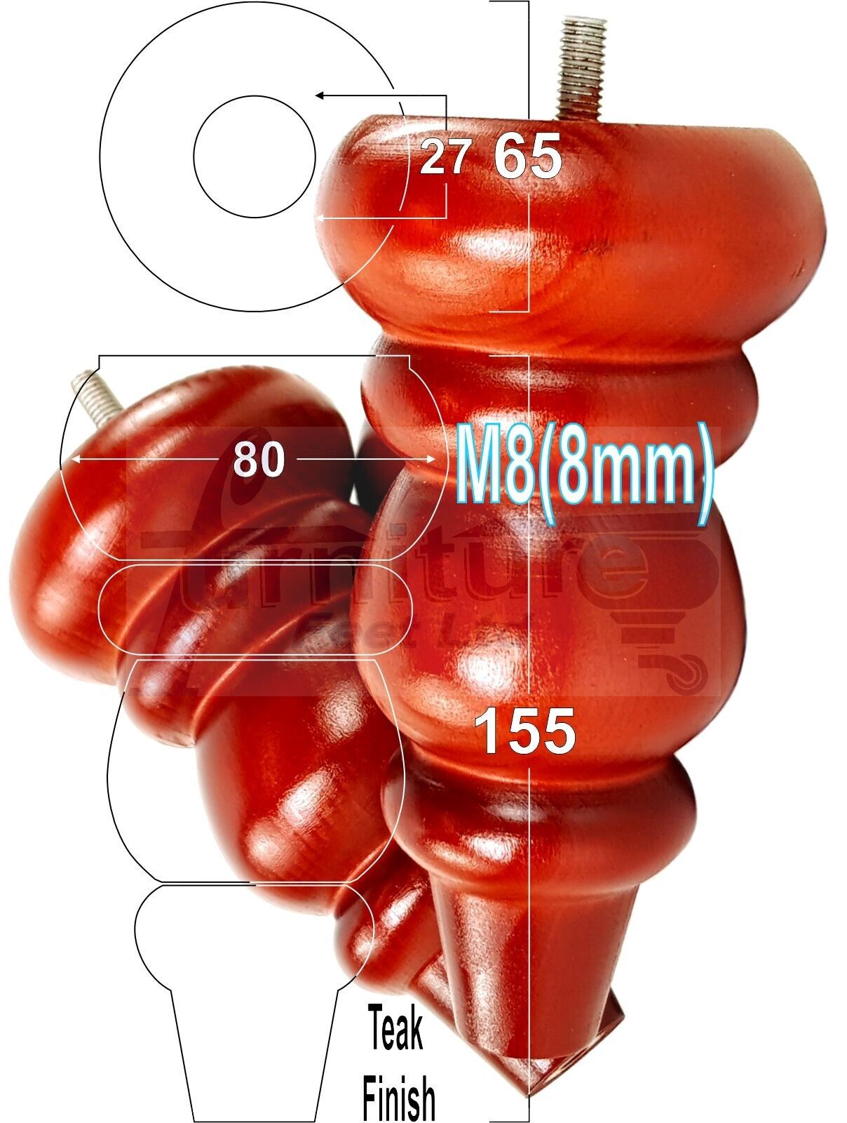 4 Solid Turned Wood Furniture Sofa Leg M8 Chair Settee Footstool Feet 155mm High