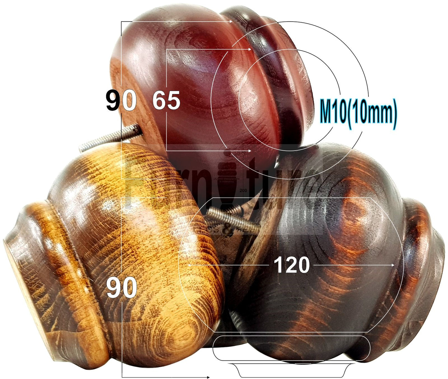  4 Turned Wooden Furniture Legs Replacement Feet 50mm High 10mm Thread For Settees, Chairs