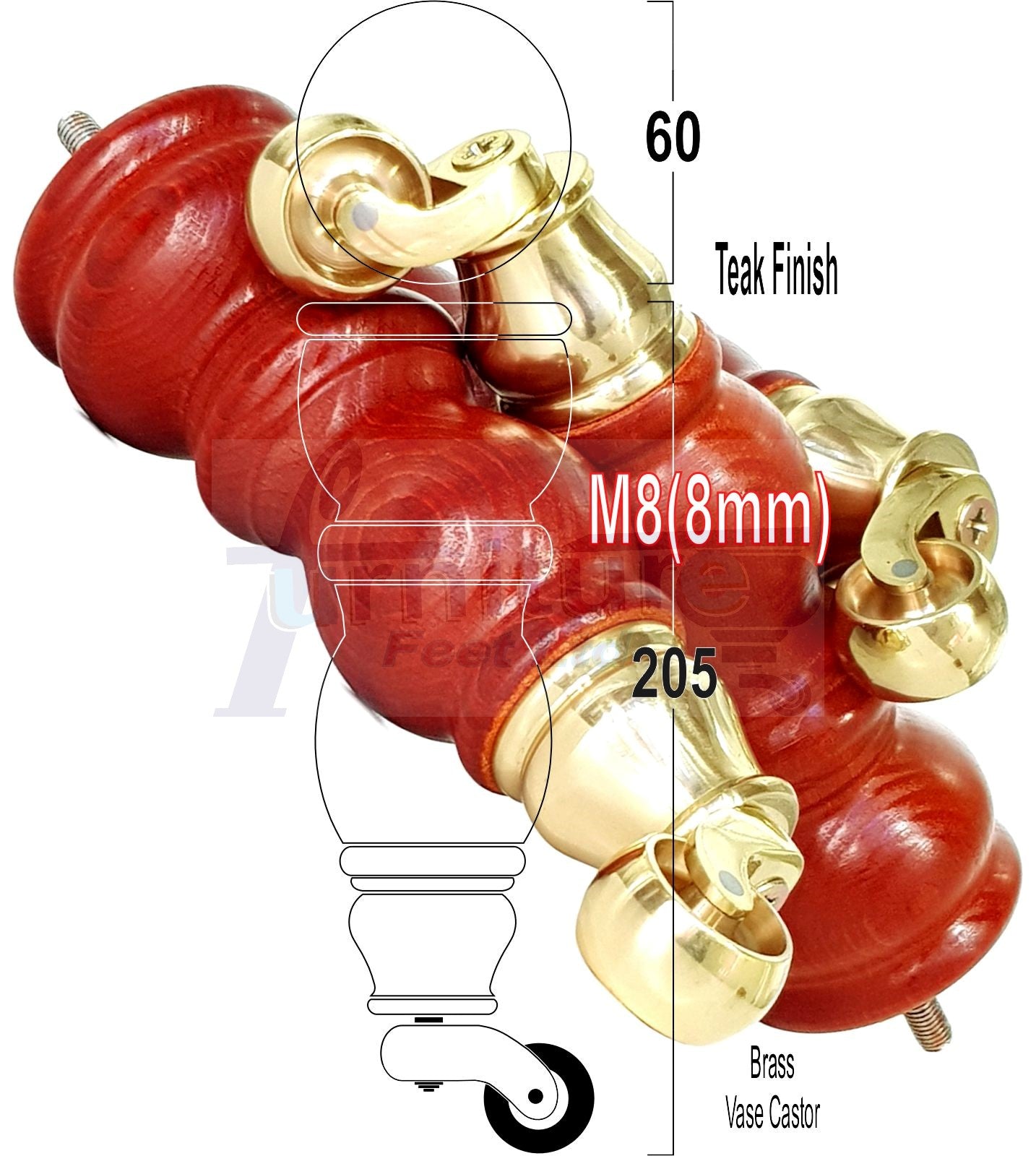 Solid Wood Furniture Feet With Castors Set of 4 Legs 205mm High For Sofas Chairs Stools Cabinets & Beds M8