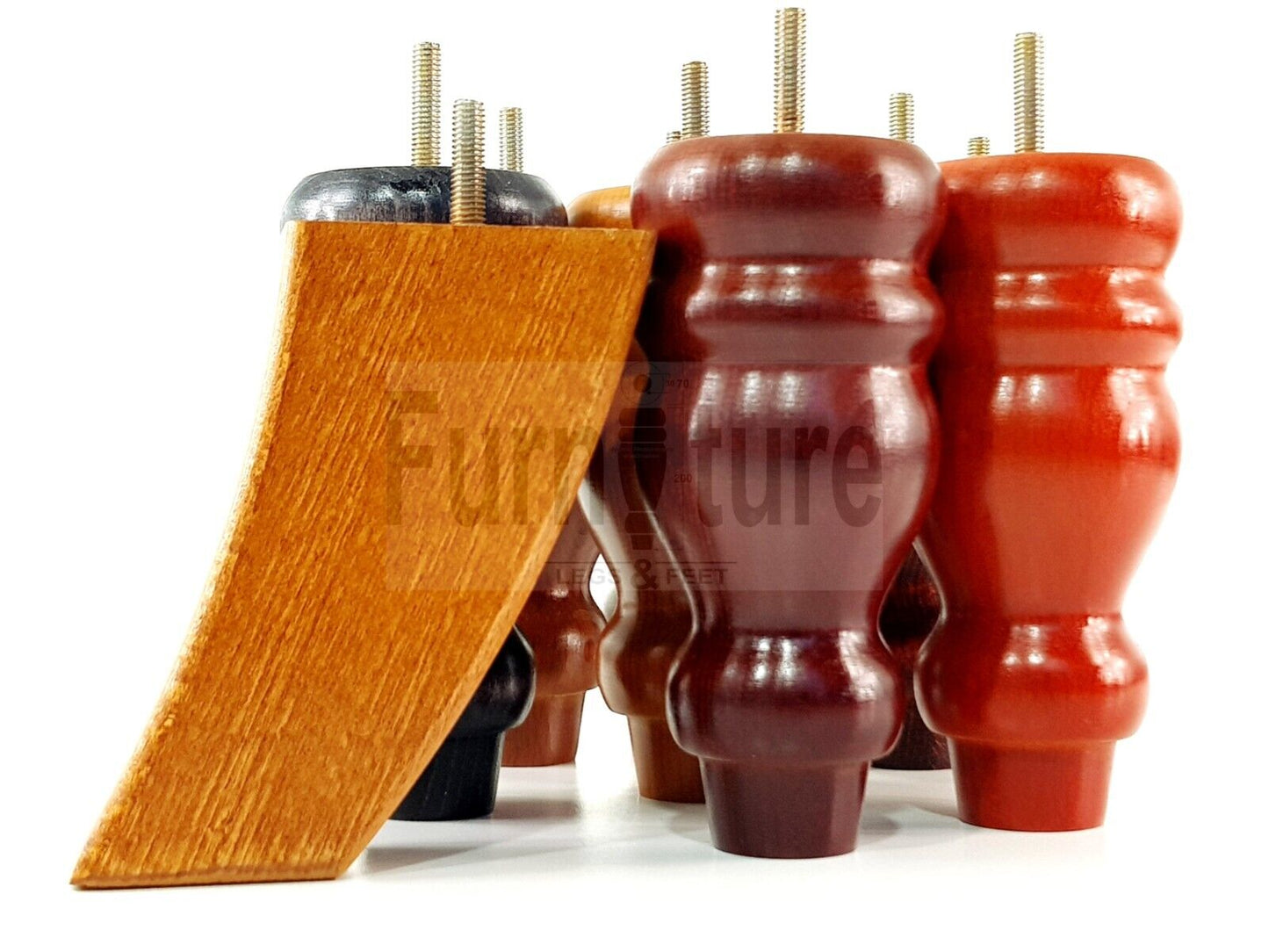 2x Turned Wood Furniture Feet 155mm and 2 Curved Back Legs Sofas Chairs Beds M8 Thread 6 Inches