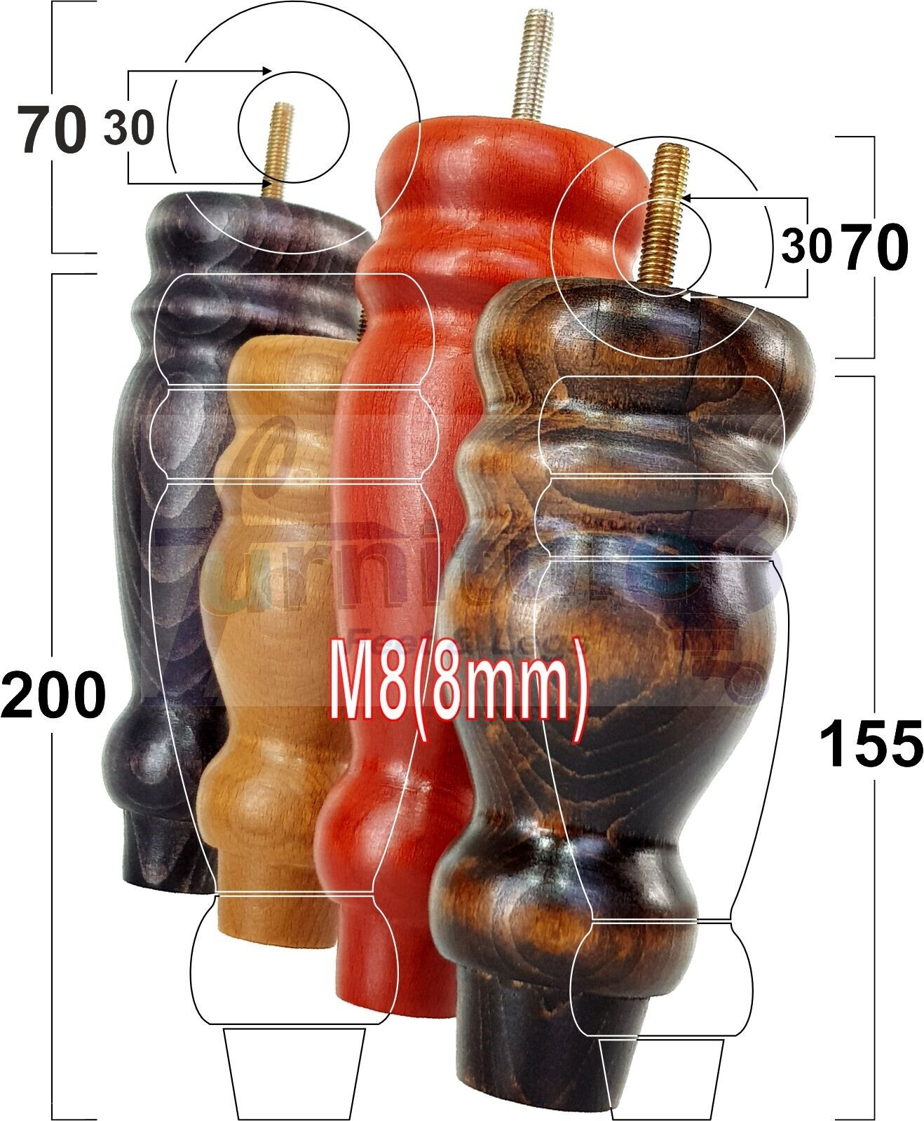Set Of 4 Turned Furniture Legs Replacement Sofa Feet 200mm High M8 Thread