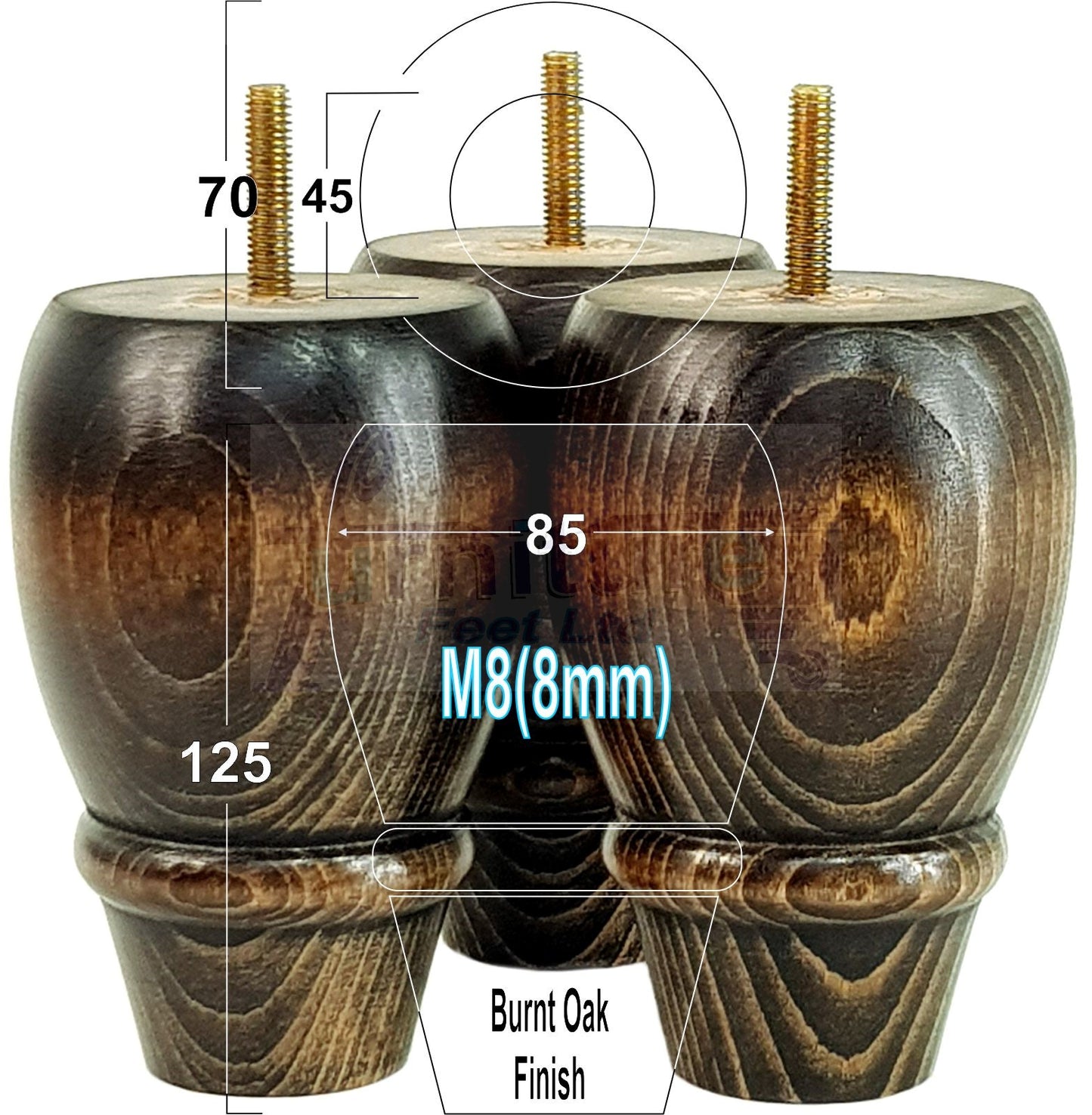 Set Of 4 Solid Wood Turned Replacement Furniture Legs 125mm High 8mm Thread