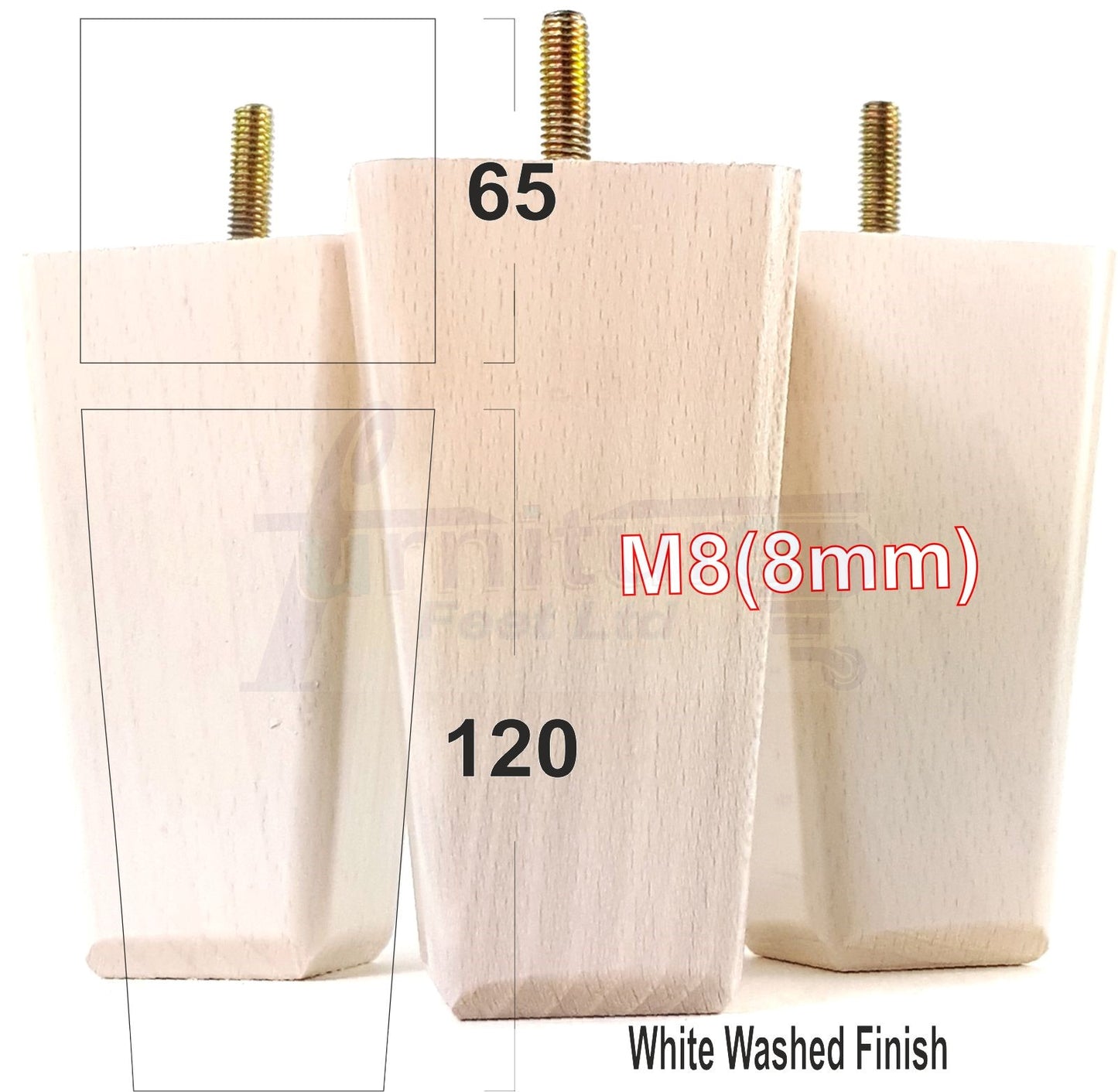 4x Wooden Furniture Legs 120mm High Replacement Square Tapered Feet 8mm