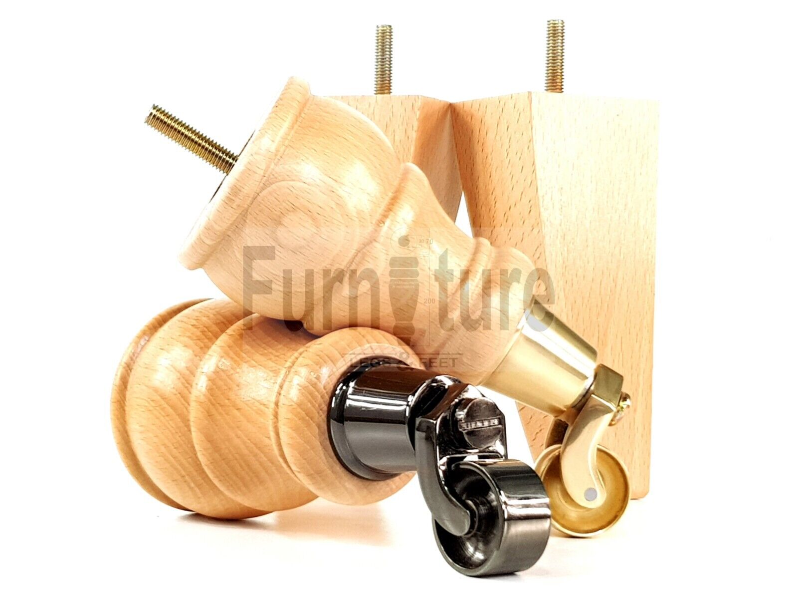 2 Wooden Castor Furniture Sofa Legs & 2 Curved Back Feet  Natural M8 Chair Settee Feet 160mm High