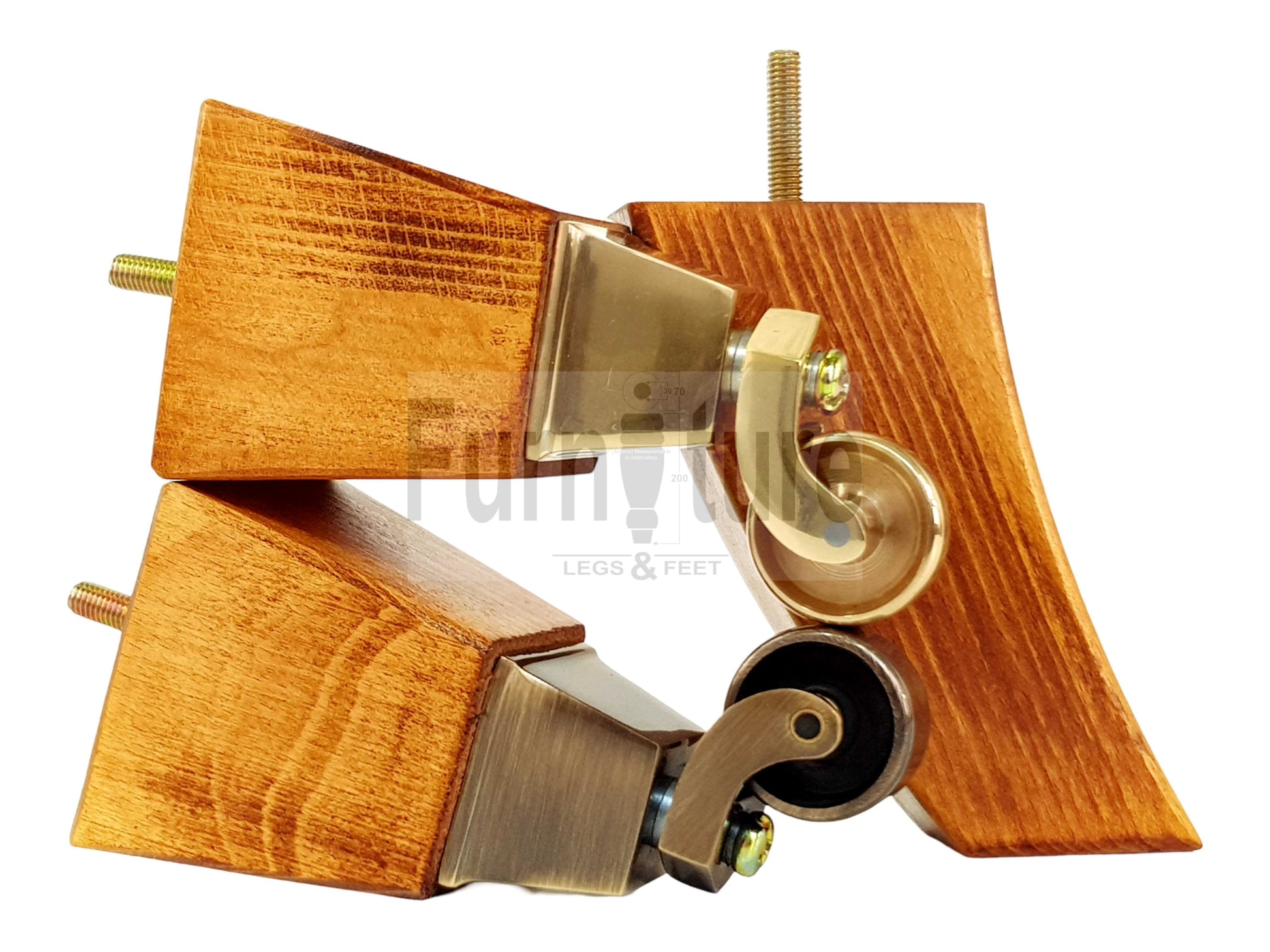 2x Cuved Wood Furniture Legs & 2x Castor Feet 150mm High For Chairs Sofas Settees 8mm Thread