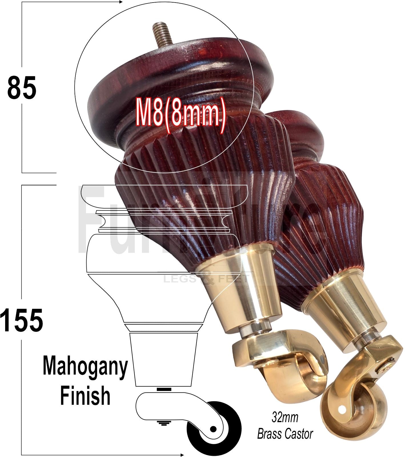 Wood Furniture Legs Replacement Feet 6 Inches with Brass Castors 155mm High M8 Dowl Fixing - Mahogany Finish