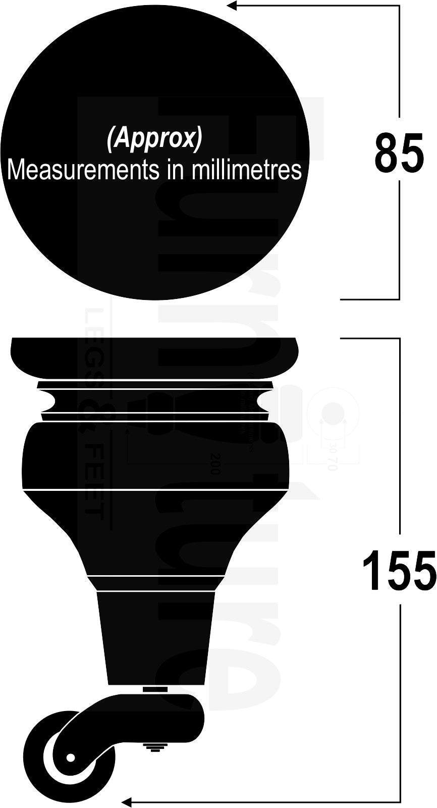 Wood Furniture Legs Replacement Feet 6 Inches with Brass Castors 155mm High M8 Dowl Fixing - Mahogany Finish