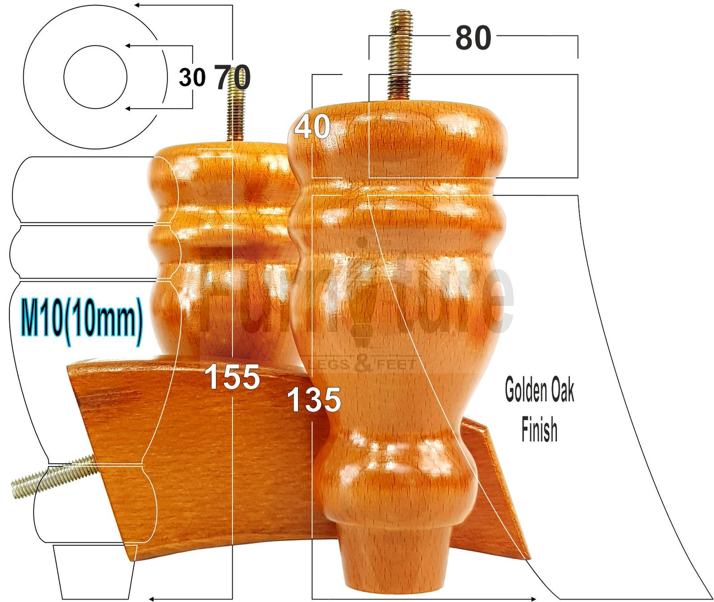 2x Turned Wood Furniture Feet 155mm and 2 Curved Back Legs Sofas Chairs Stools Cabinets Beds M10 Thread 6 Inches