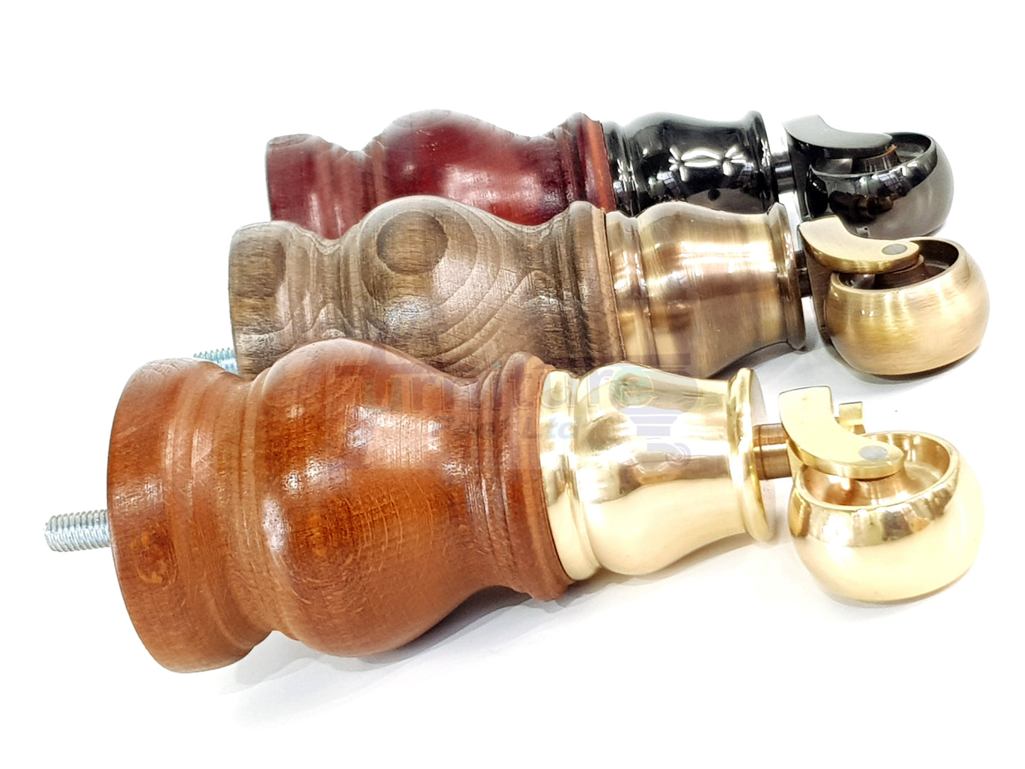 4x Turned Wood Furniture Legs With Chrome Castor Wheels 150mm High M8(8mm)