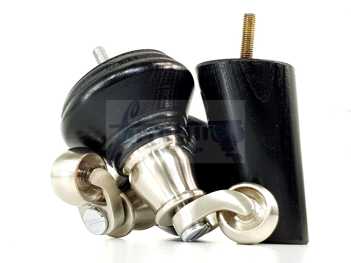 2 Black Wood Furniture Sofa Legs With Castor 125mm & 2 Angled Back Feet Chair Settee 100mm High M8