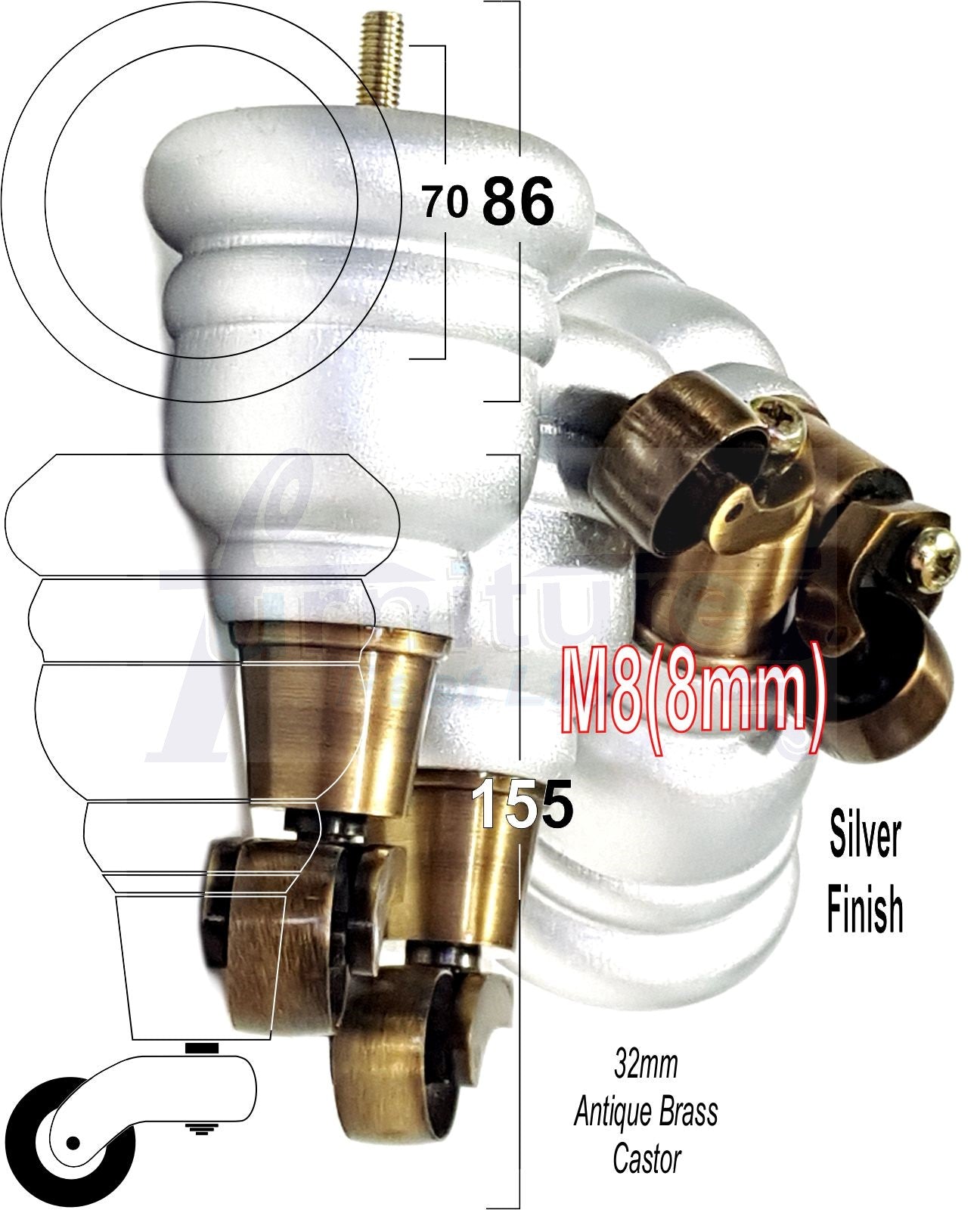 4 Turned Wood Furniture Feet With Antique Brass Castors 155mm Legs Sofas Chairs Stools Cabinets Beds M8 6 Inches