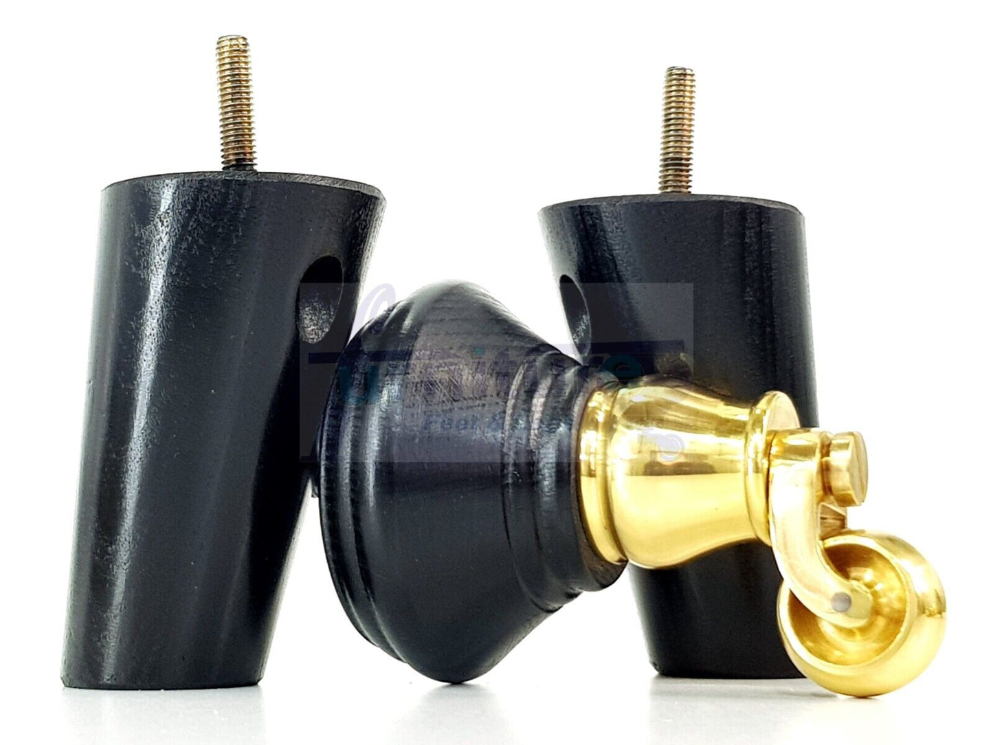 2 Black Wood Furniture Sofa Legs With Castor 125mm & 2 Angled Back Feet Chair Settee 100mm High M8