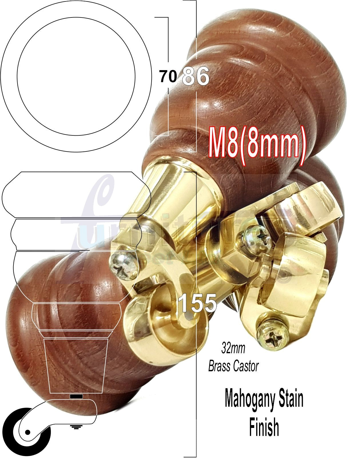 4 Turned Wood Furniture Feet With Brass Castors 155mm Legs Sofas Chairs Stools Cabinets Beds M8 6 Inches
