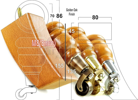  Golden Oak Turned Wood Furniture Feet 2 With Castors 155mm and 2 Curved Back Legs Sofas Chairs Stools Cabinets Beds M8 6 Inches