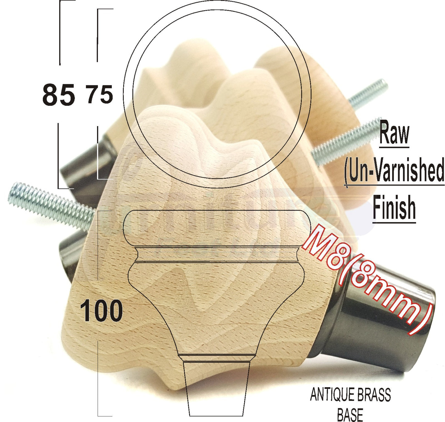 4x Turned Wood Furniture Feet M8(8mm) With Slipper Cup Chair Sofa Settee Legs 110mm