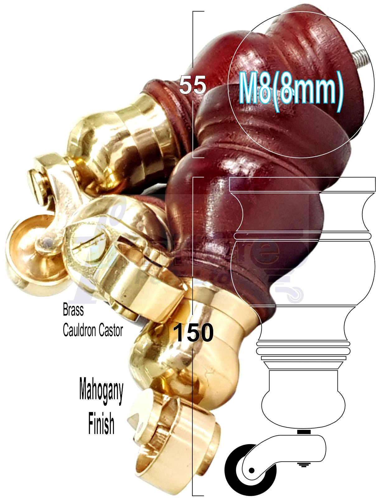 Set Of 4 Turned Wood Furniture Legs With140mm High Castor 8mm Thread For Chairs Settees & Cabinets