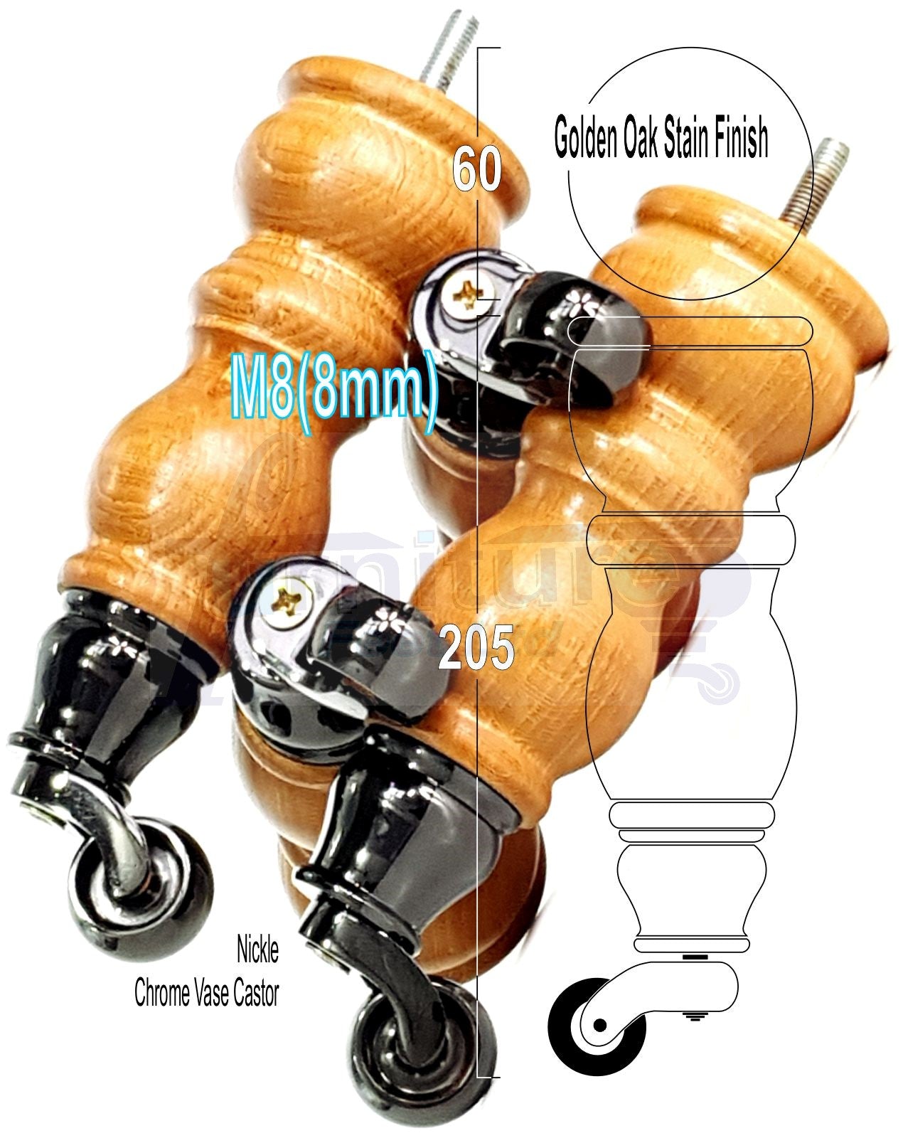 Solid Wood Furniture Feet With Castors Set of 4 Legs 205mm High For Sofas Chairs Stools Cabinets & Beds M8