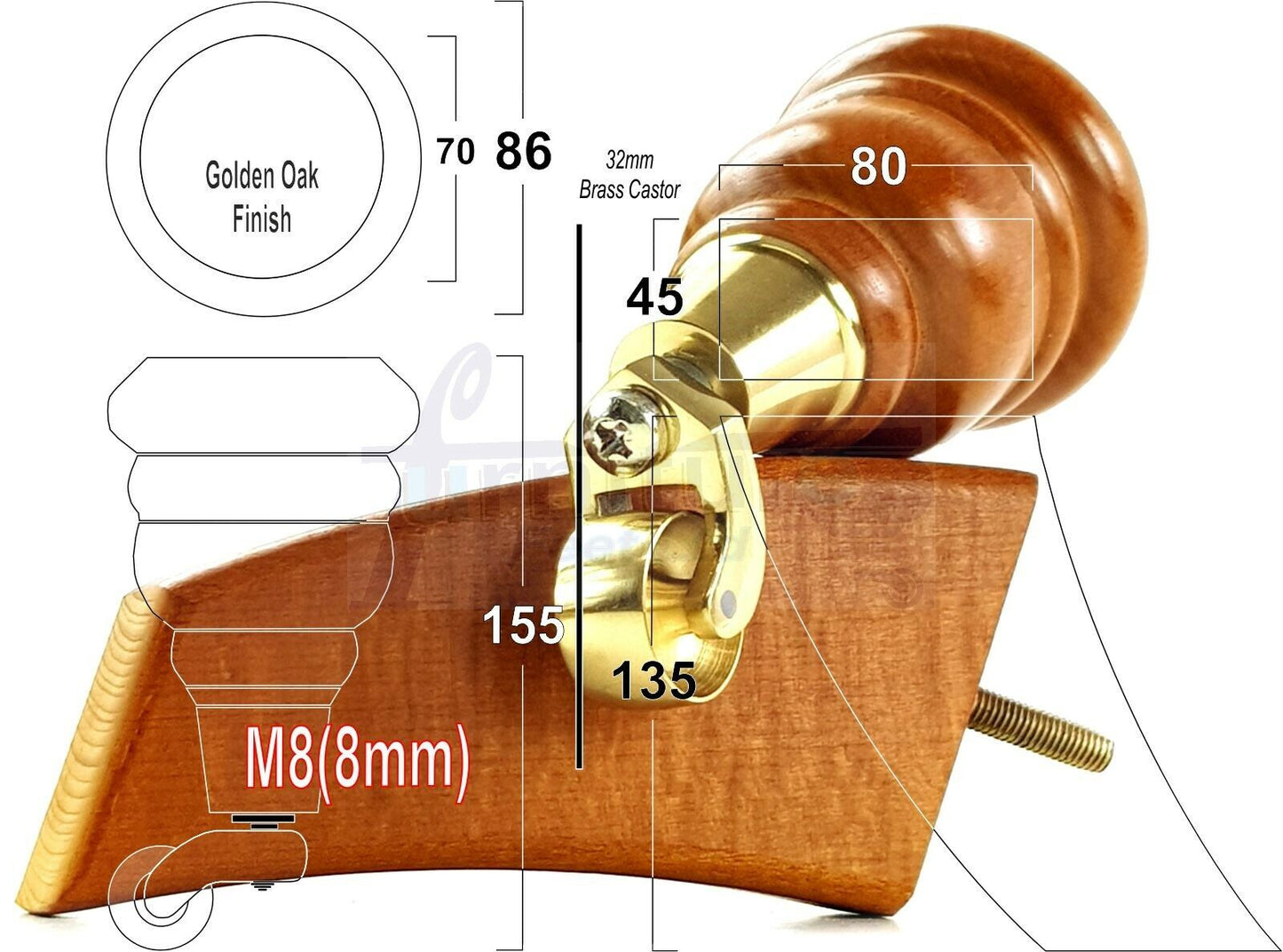  Golden Oak Turned Wood Furniture Feet 2 With Castors 155mm and 2 Curved Back Legs Sofas Chairs Stools Cabinets Beds M8 6 Inches