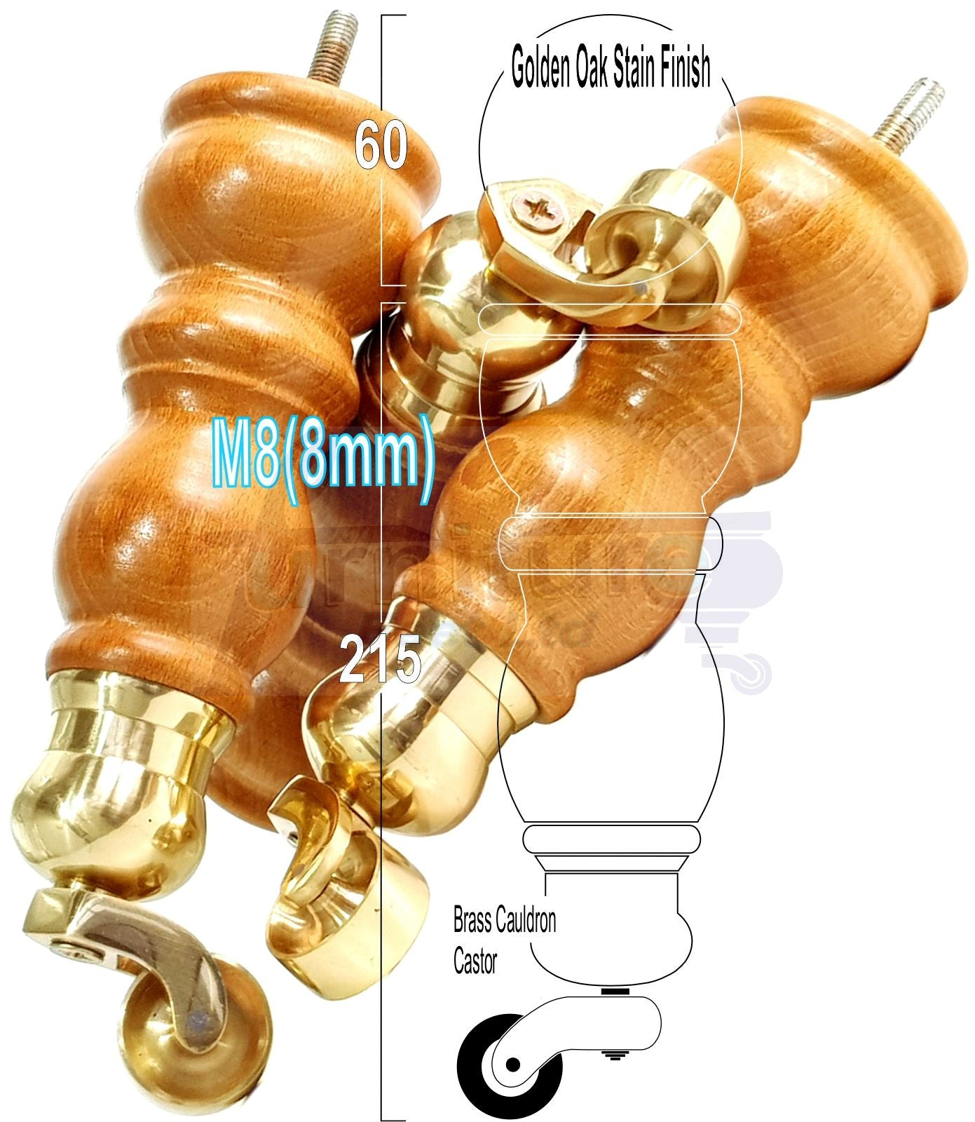 Solid Wood Furniture Feet With Castors Set of 4 Legs 205mm High For Sofas Chairs Stools Cabinets & Beds M8