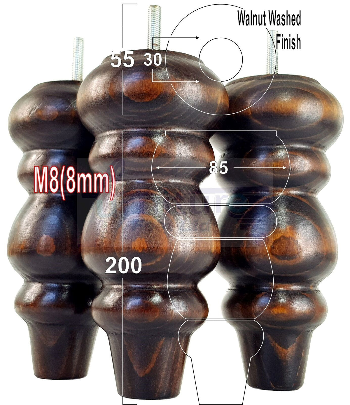 4 Solid Wood Furniture Legs Replacement Turned Chair Feet 200mm High M8 Threaded Dowl