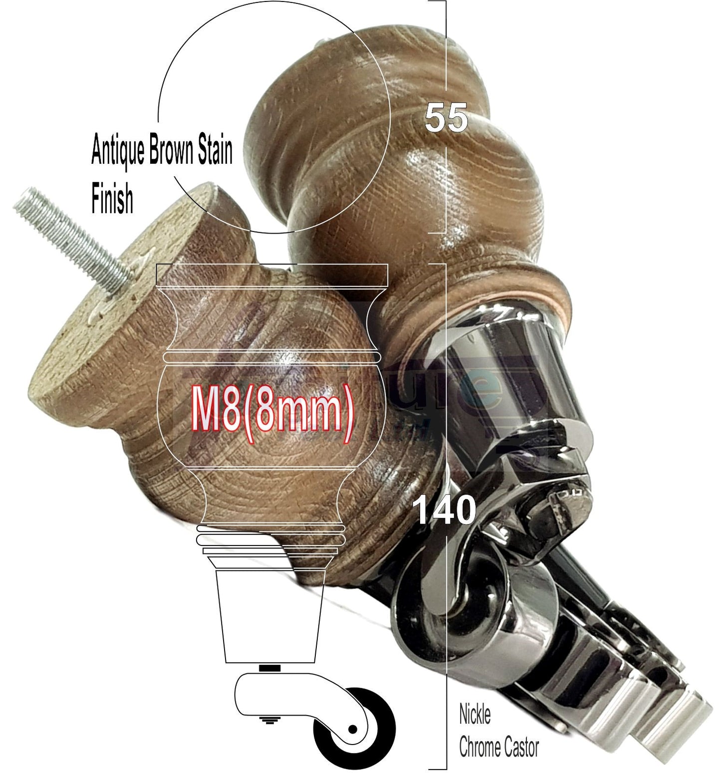 Set Of 4 Turned Wood Furniture Legs With Black Castor Wheels 140mm High M8(8mm)