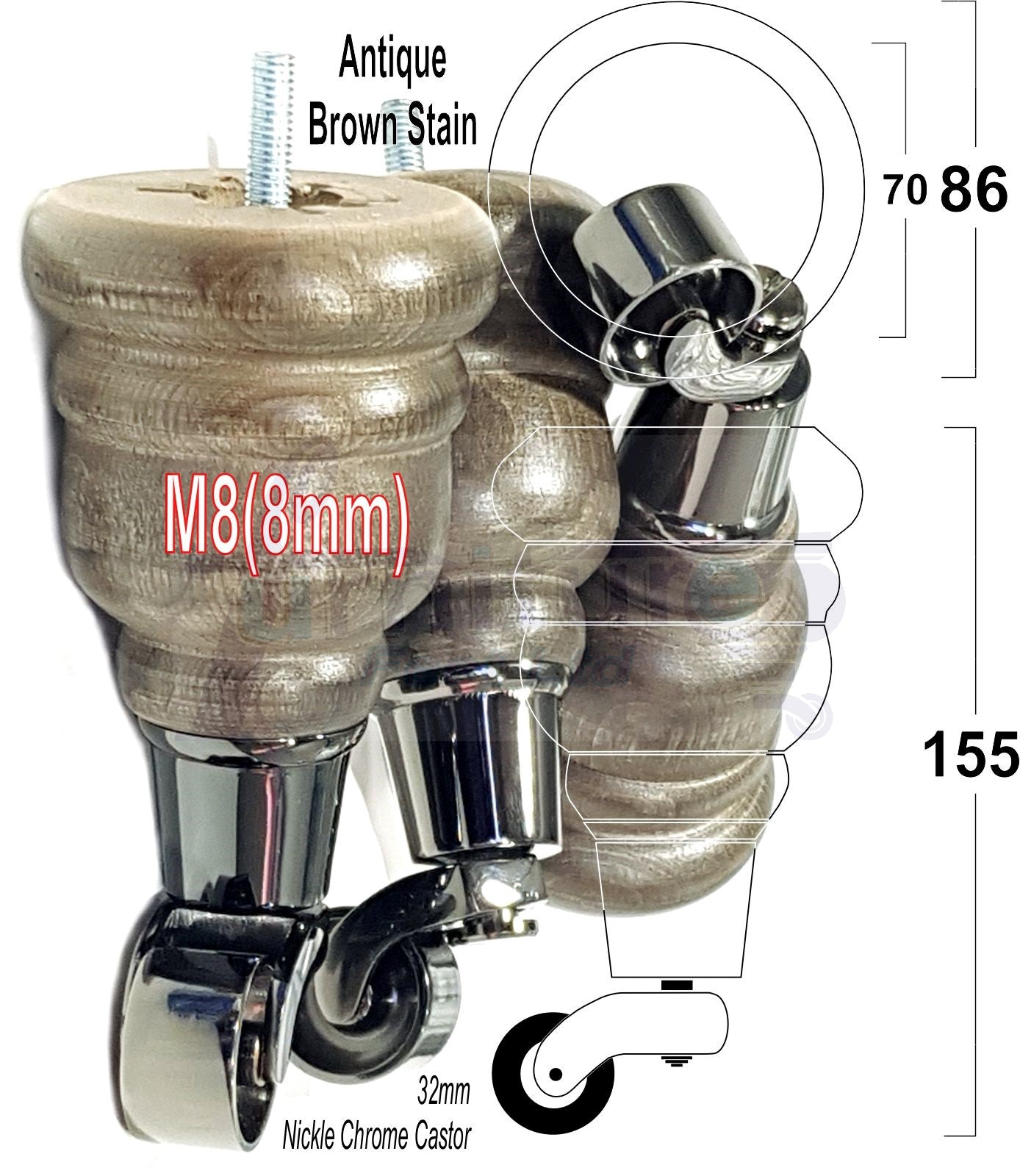 Solid Wood Furniture Legs With Castors Set of 4 Antique Brown Stain 6 Inch Feet 160mm High M8 