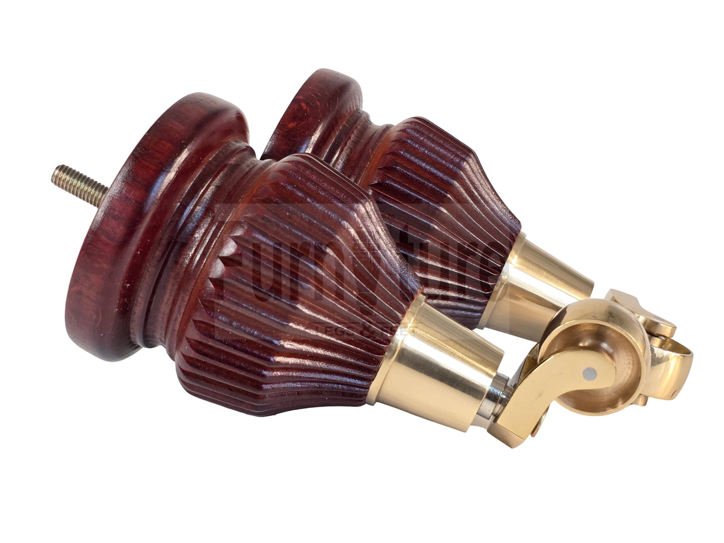 Wood Furniture Legs Replacement Feet 6 Inches with Brass Castors 155mm High M8 Dowl Fixing - Mahogany Finish