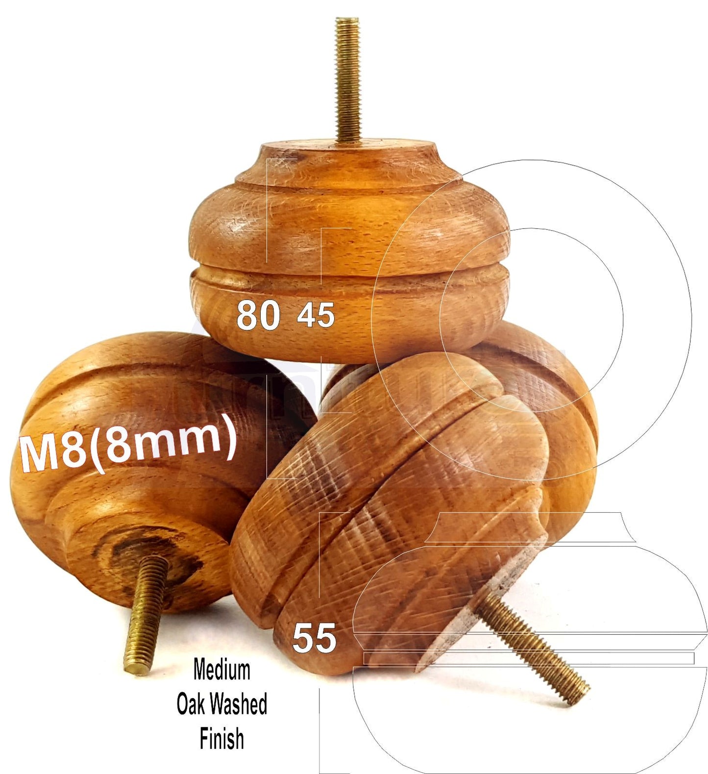 4x Soild Turned Wood Replacment Furniture Legs Sofa Feet 55mm High 8mm Thread